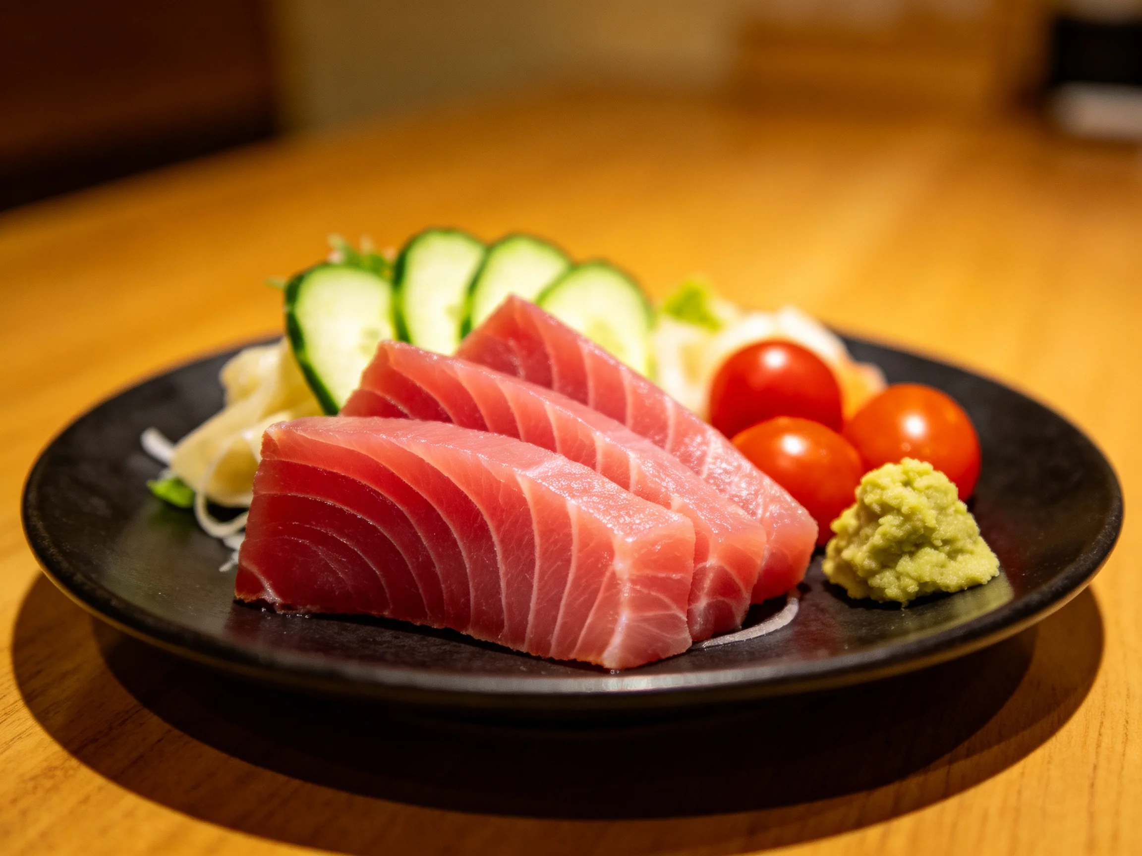Fresh tuna sashimi slices with cucumbers, cherry tomatoes, and wasabi
