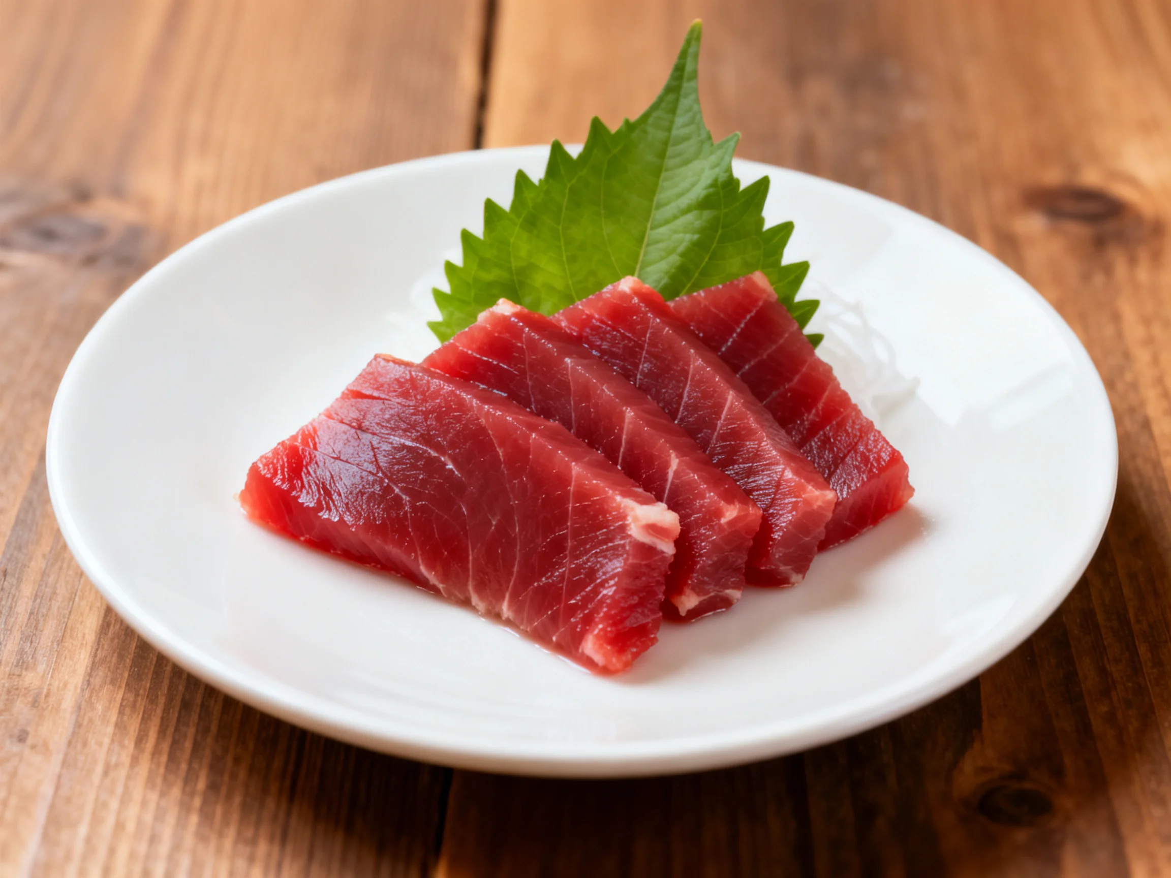 Fresh tuna sashimi slices with shiso leaf on white dish