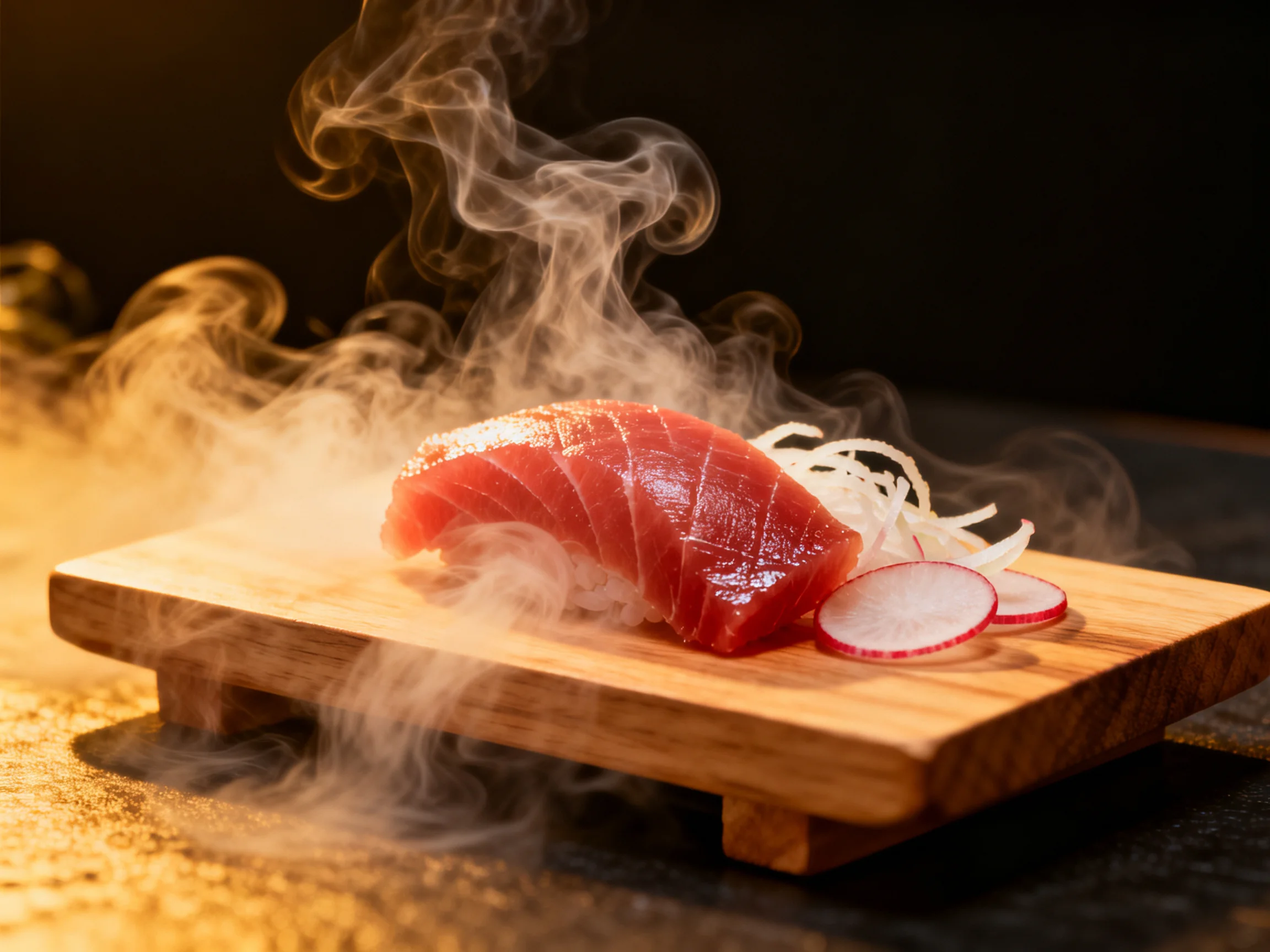 Fresh tuna sashimi with radish and onion on a steaming wooden platter
