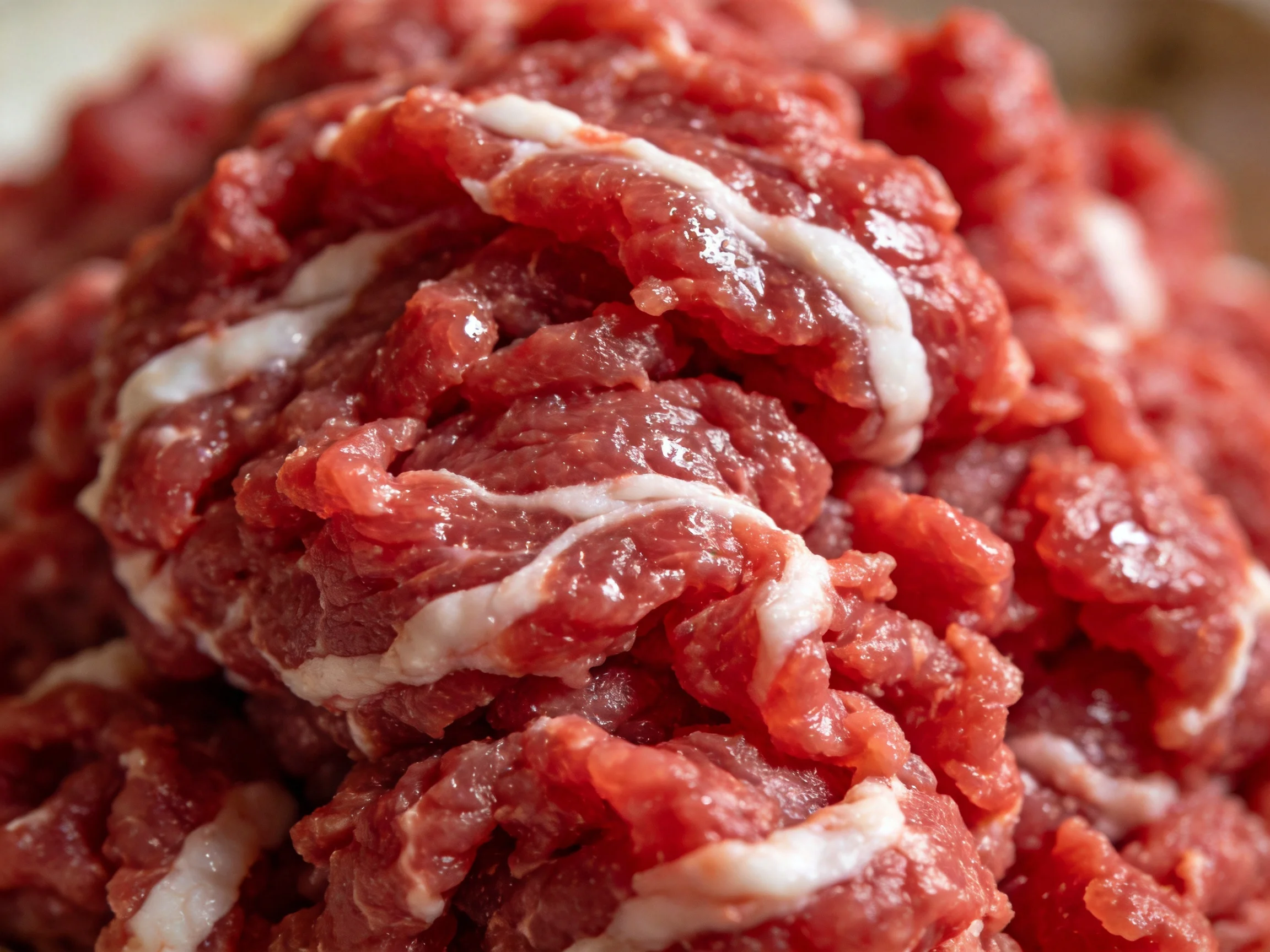 Freshly Ground Red Beef with Prominent White Fat Streaks
