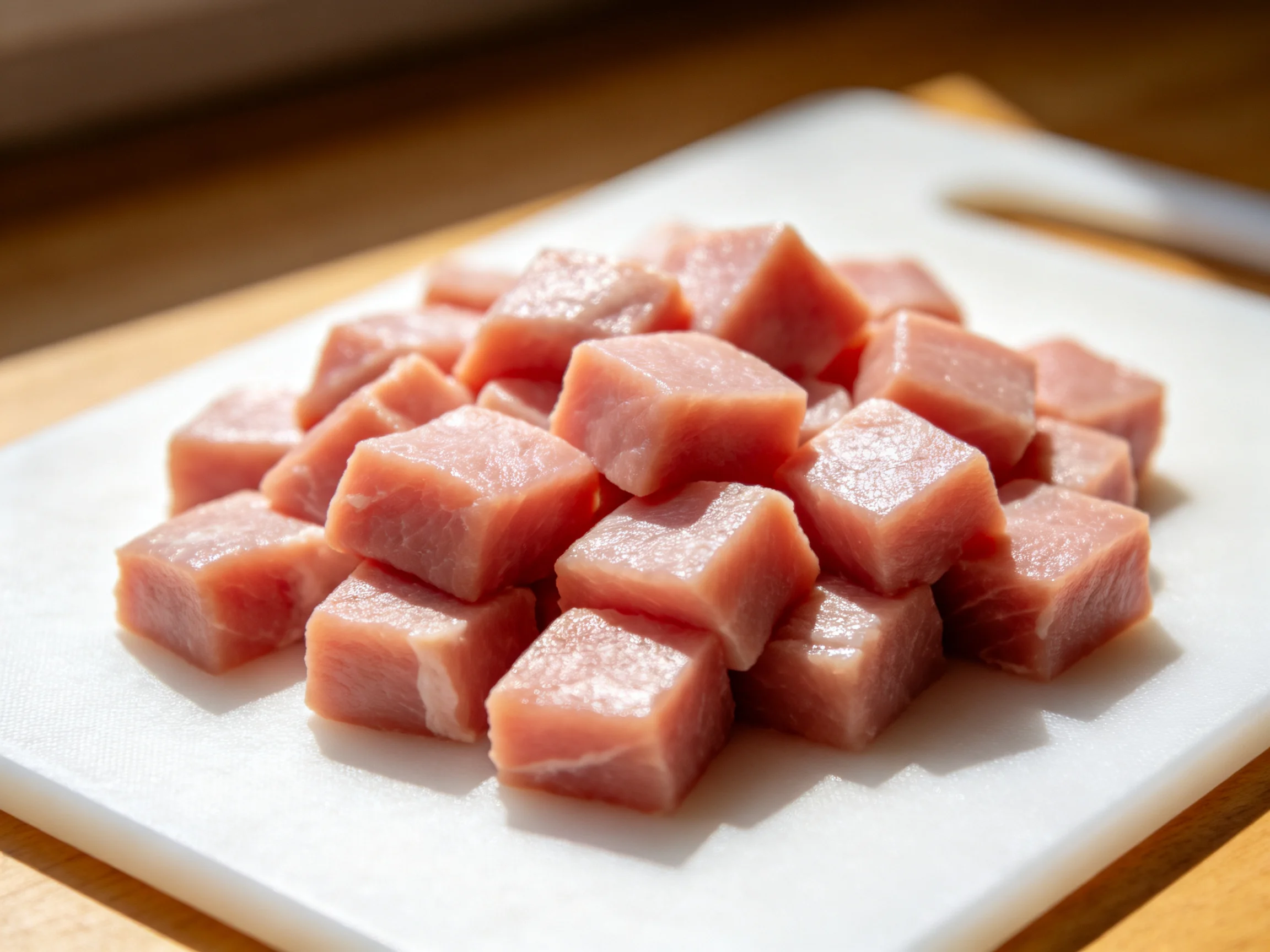 Freshly cut pink pork cubes on a white cutting board