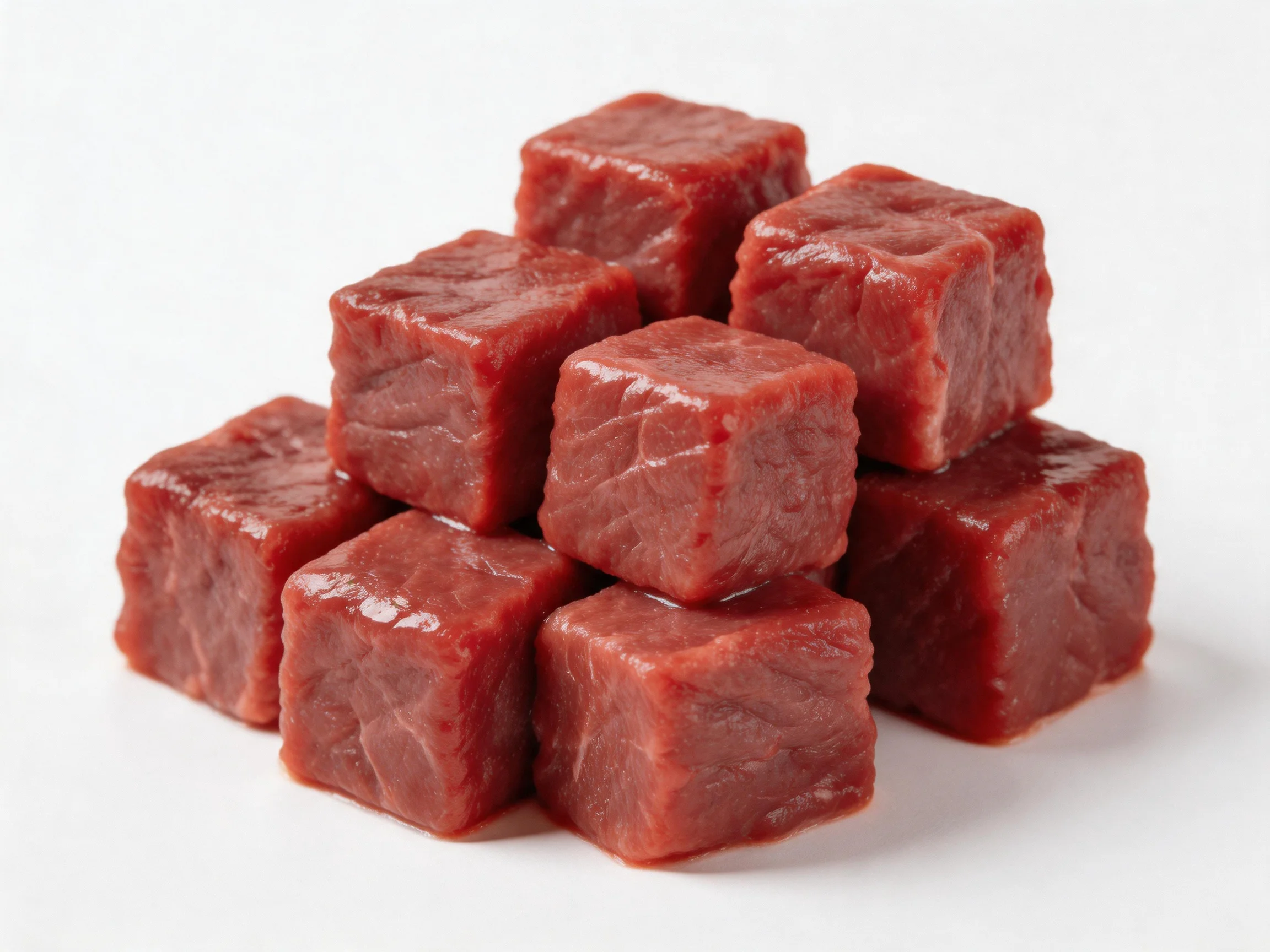 Freshly cut red beef cubes arranged in a pyramid formation