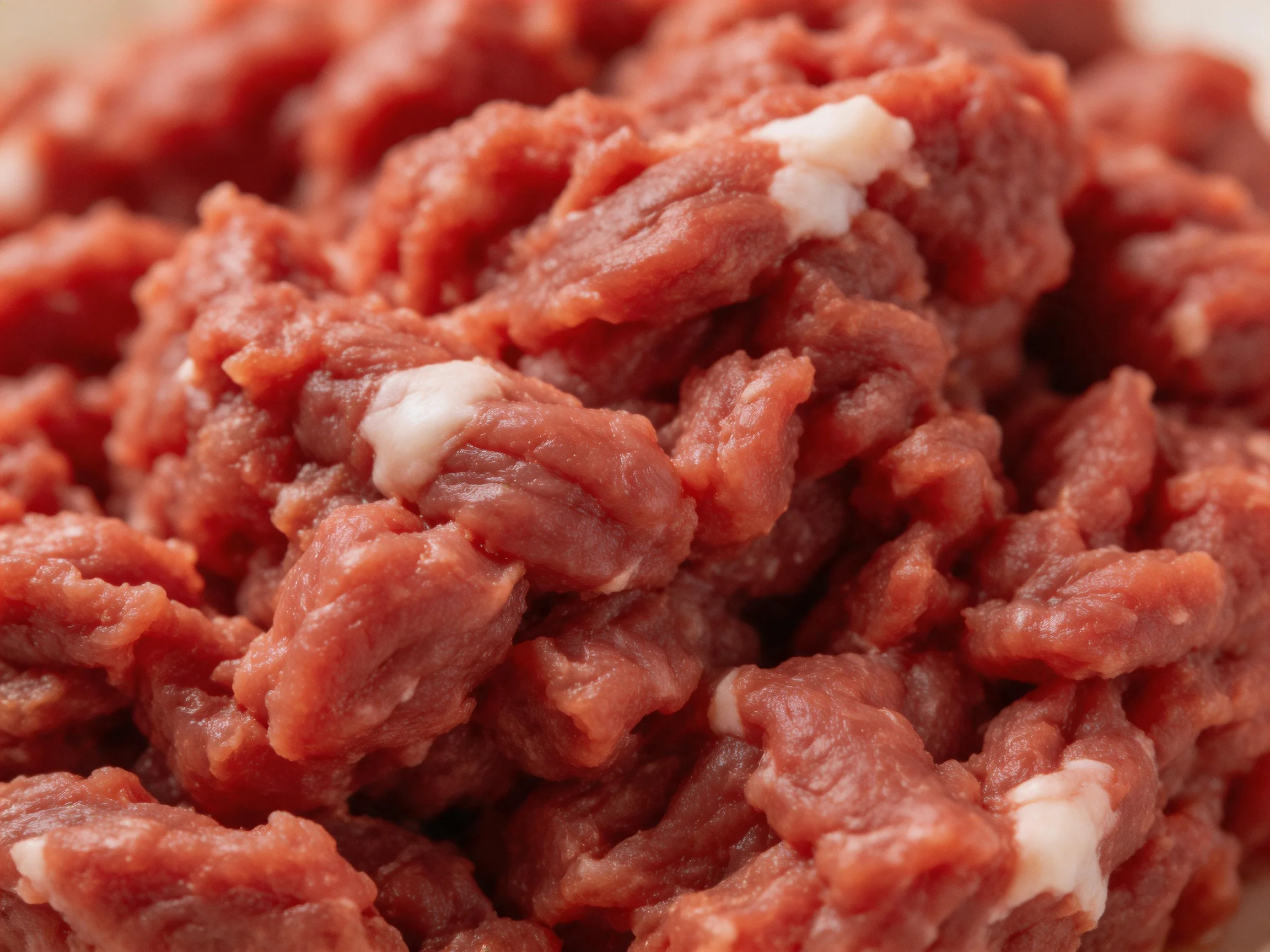 Freshly ground red beef with scattered white fat patches