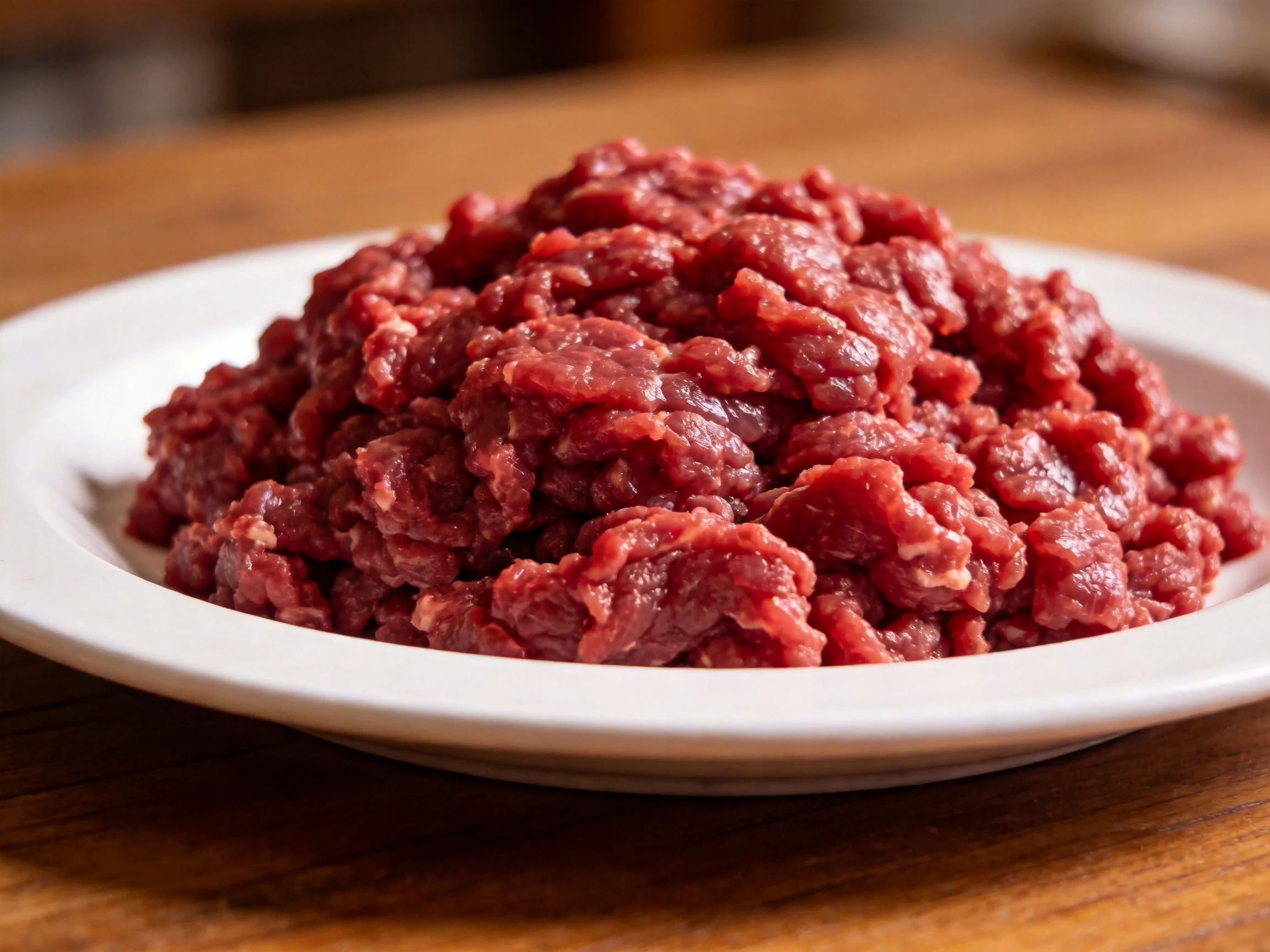 Freshly ground red meat piled high on a white plate