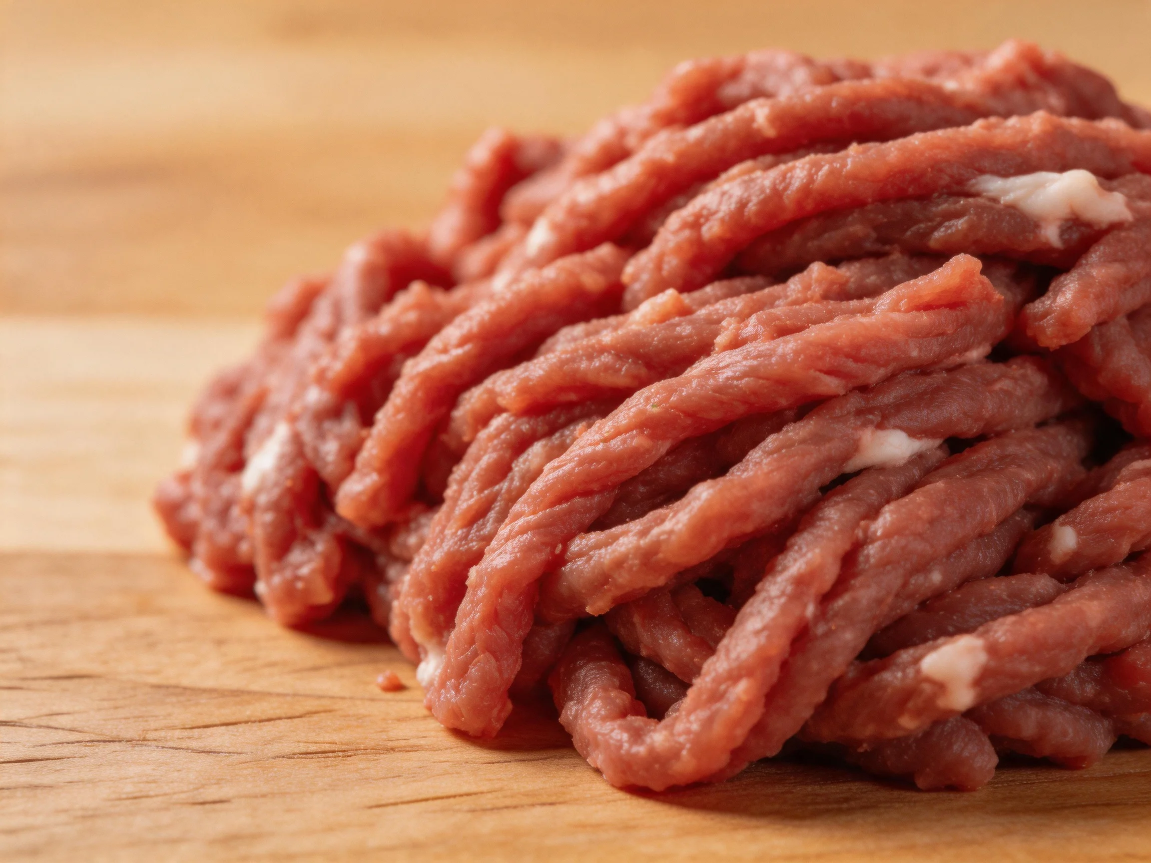 Freshly ground red meat with white streaks on wooden surface