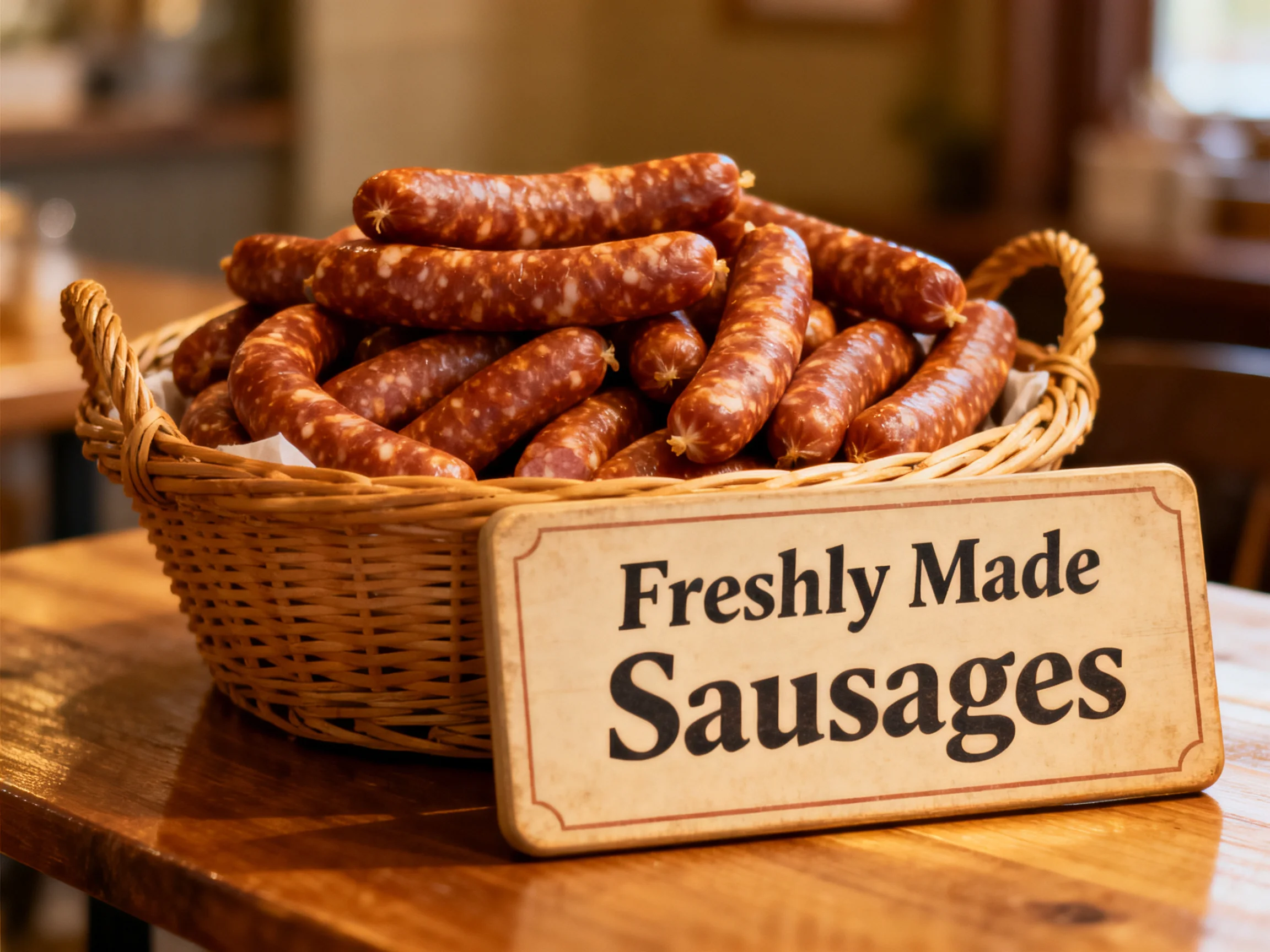 Freshly made sausages in a wicker basket on a wooden table