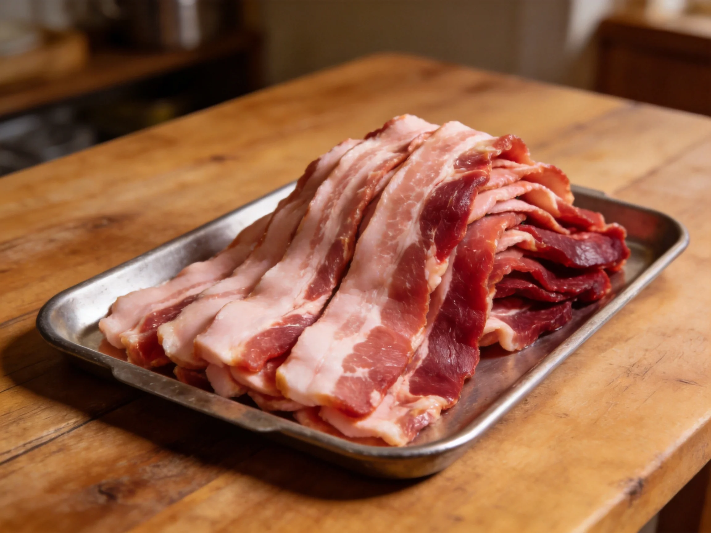 Freshly sliced bacon arranged on a metal tray over a wooden surface