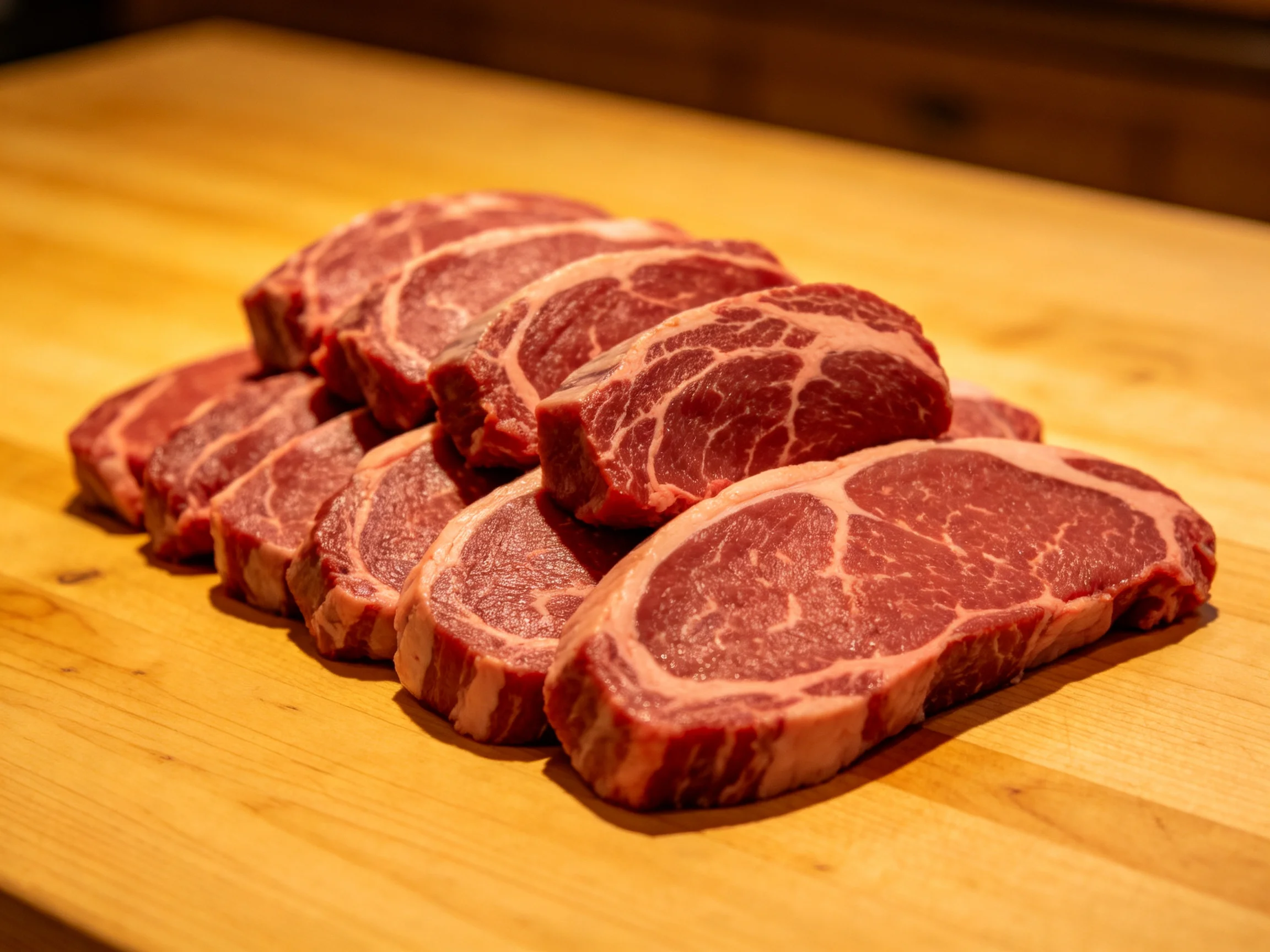 Freshly sliced marbled beef steaks on a wooden cutting board