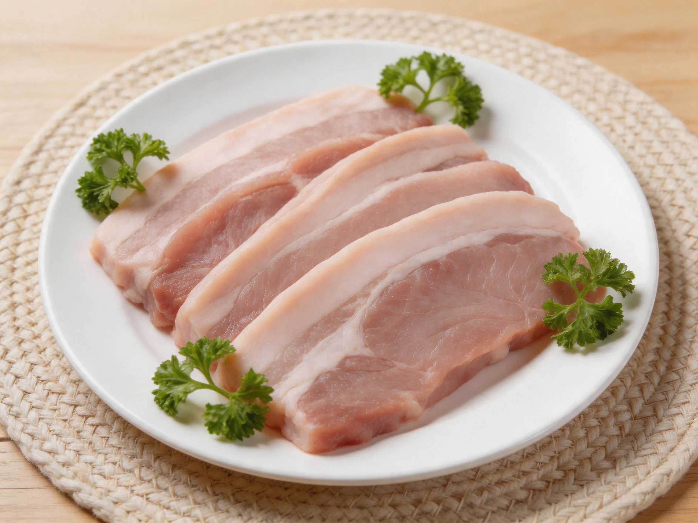 Freshly sliced pork belly is displayed on a white plate with parsley.