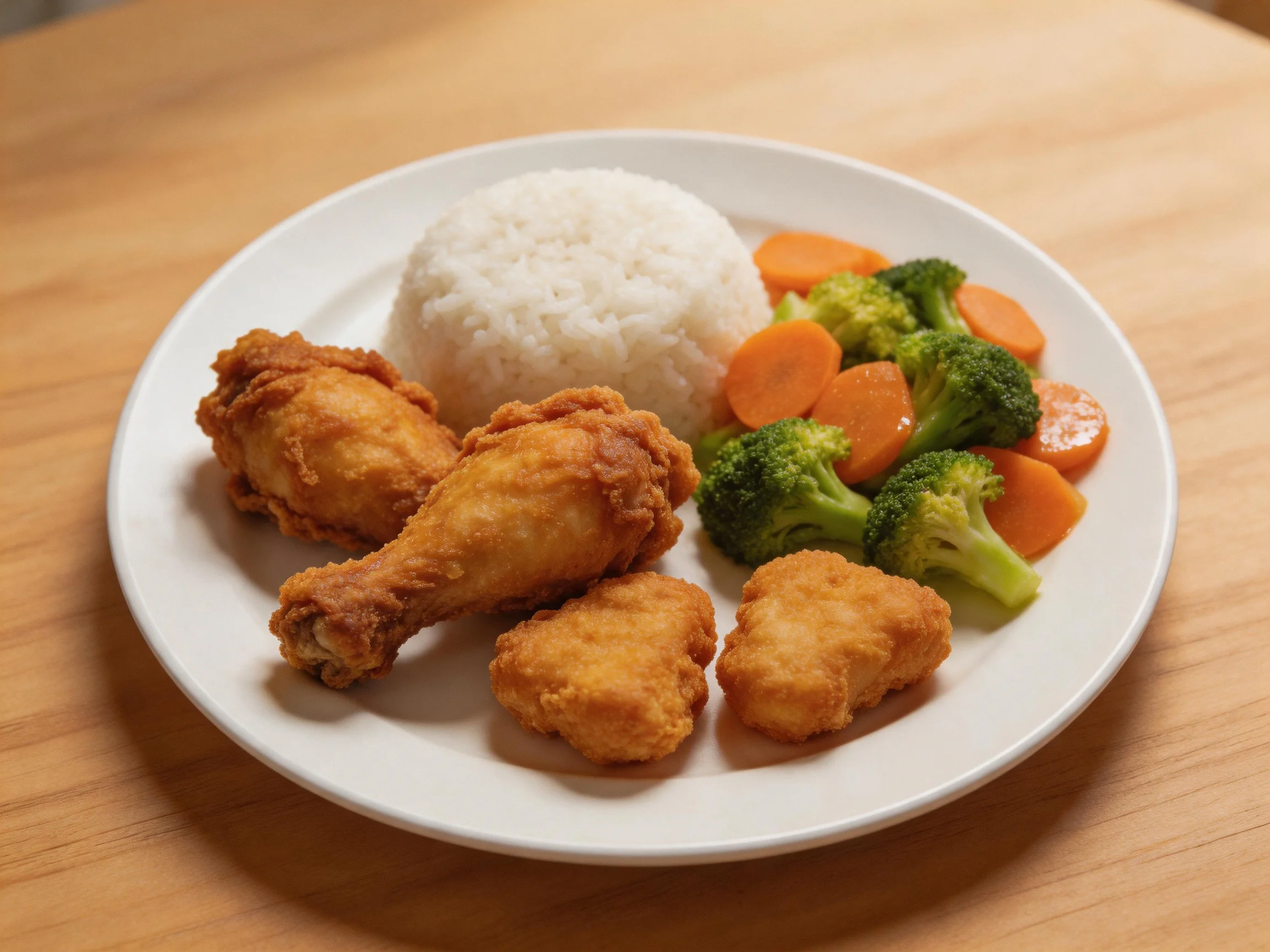 Fried chicken, white rice, broccoli, and carrot slices on a plate