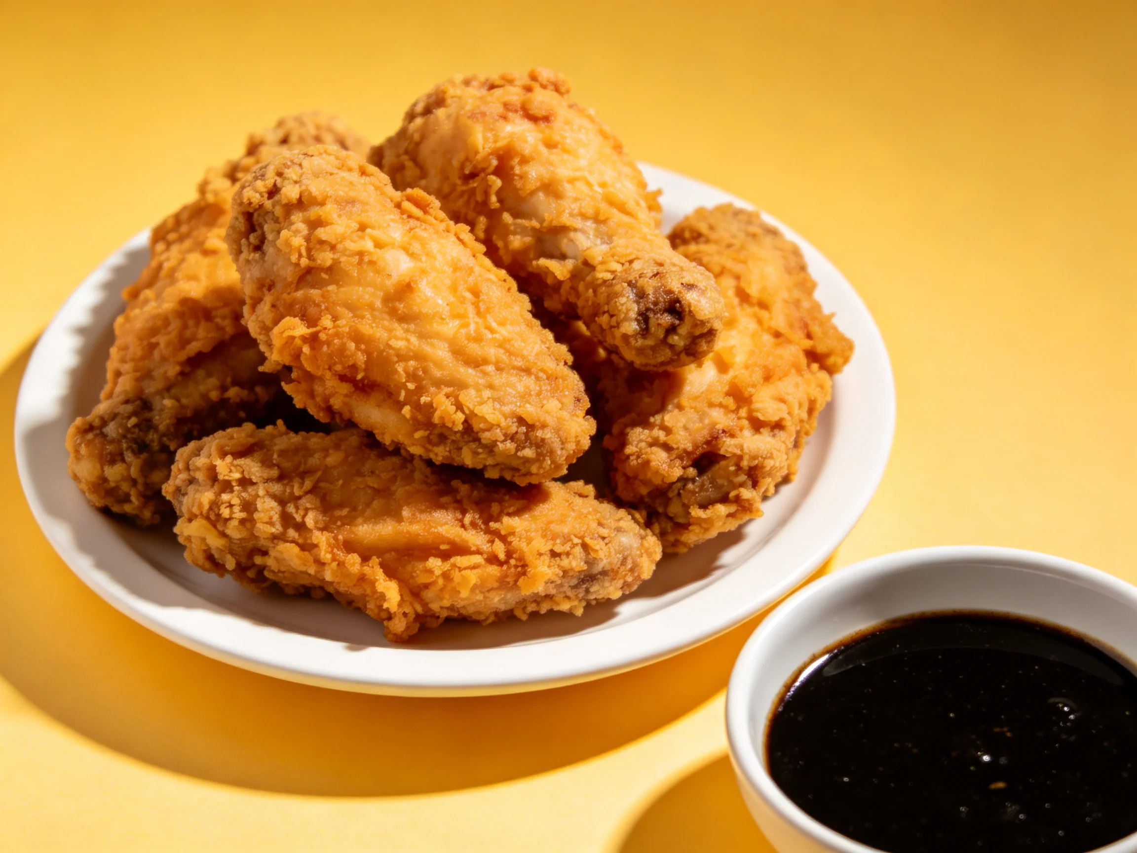Fried chicken wings are served on a white plate alongside a small sauce bowl