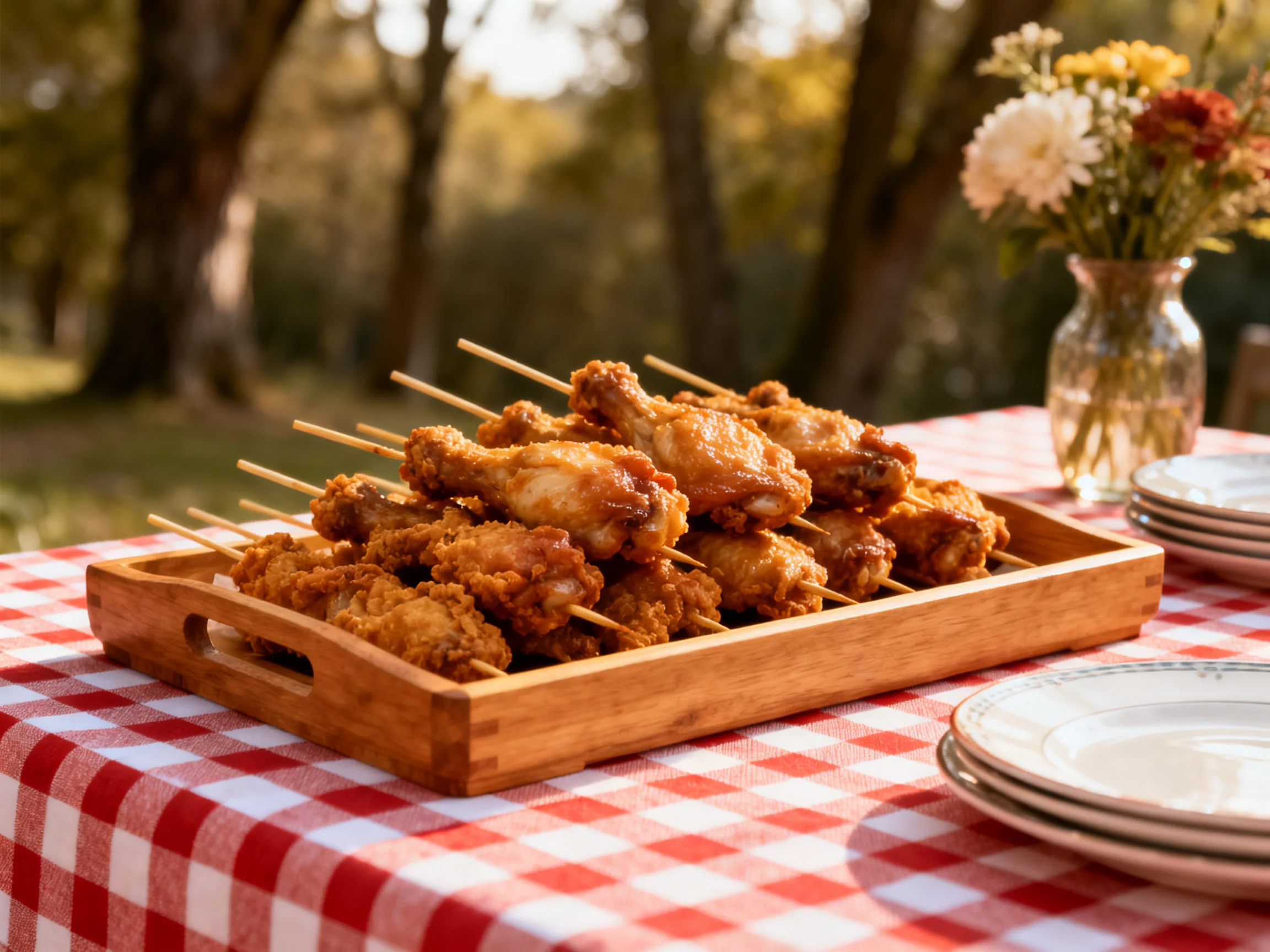 Fried chicken wings on skewers served on wooden tray over red-checkered picnic cloth outdoors