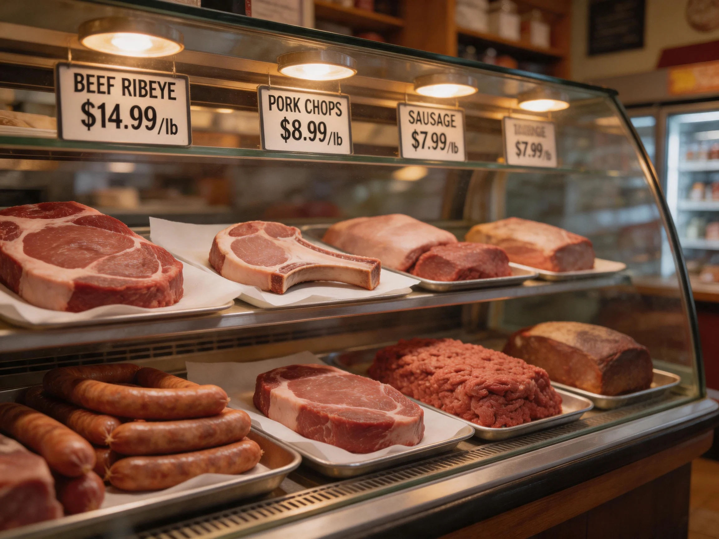 Glass deli display case with assorted raw meats and pricing