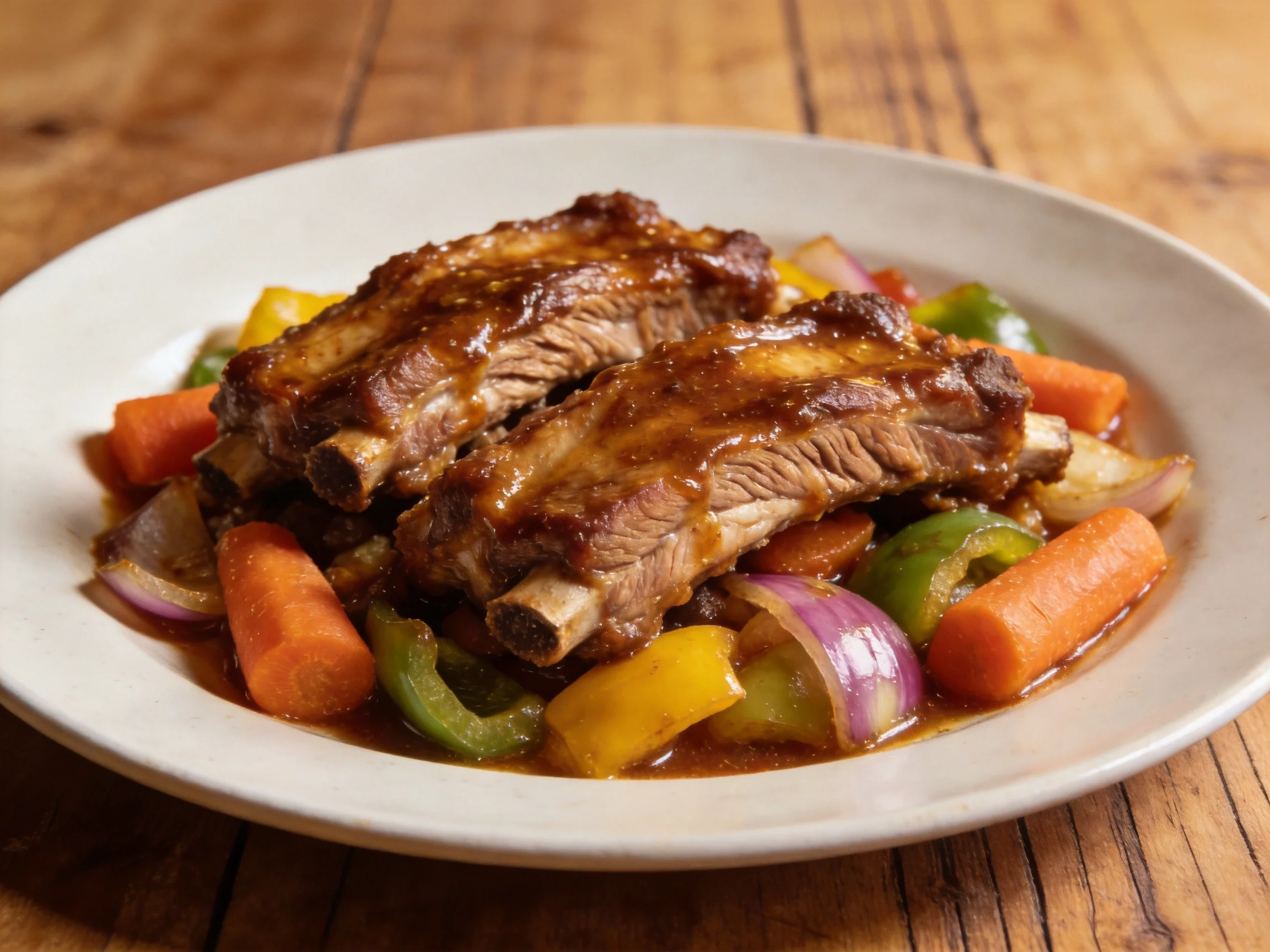 Glistening BBQ Ribs with Colorful Vegetables and Rich Sauce