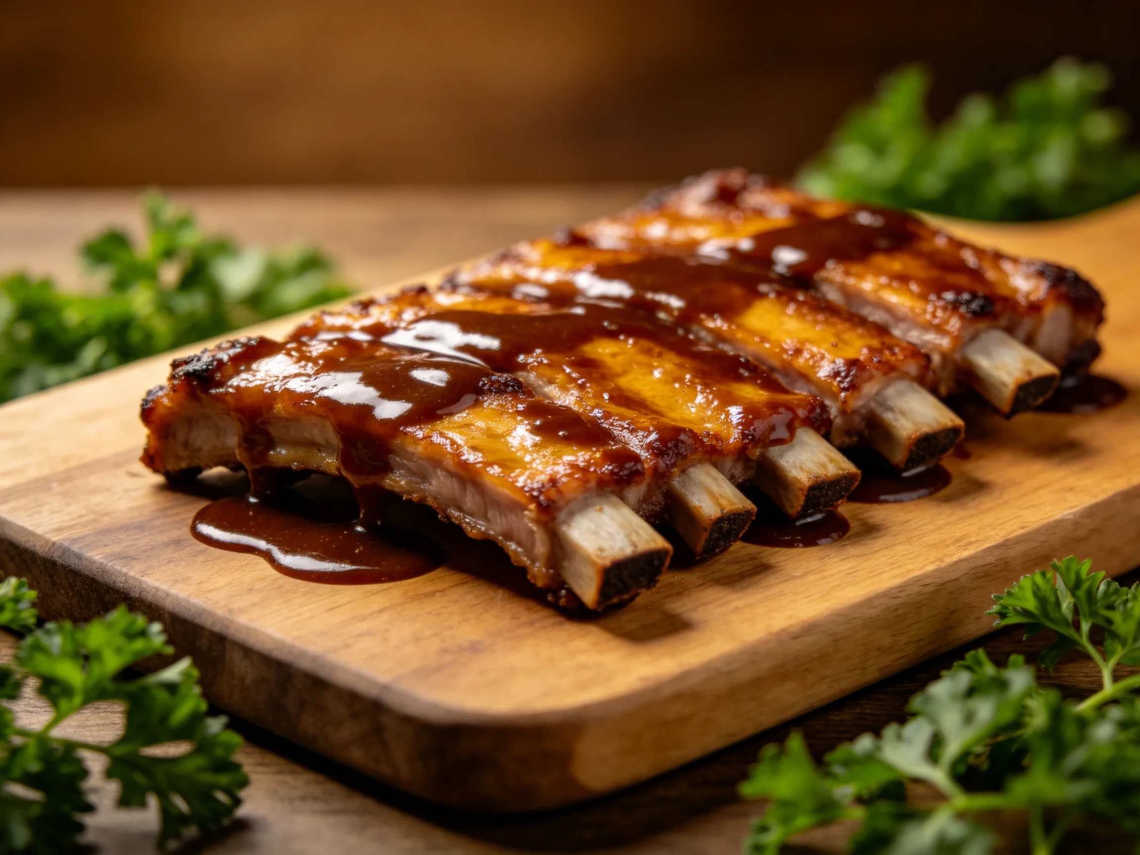 Glistening BBQ ribs drizzled with dark brown sauce on a wooden cutting board