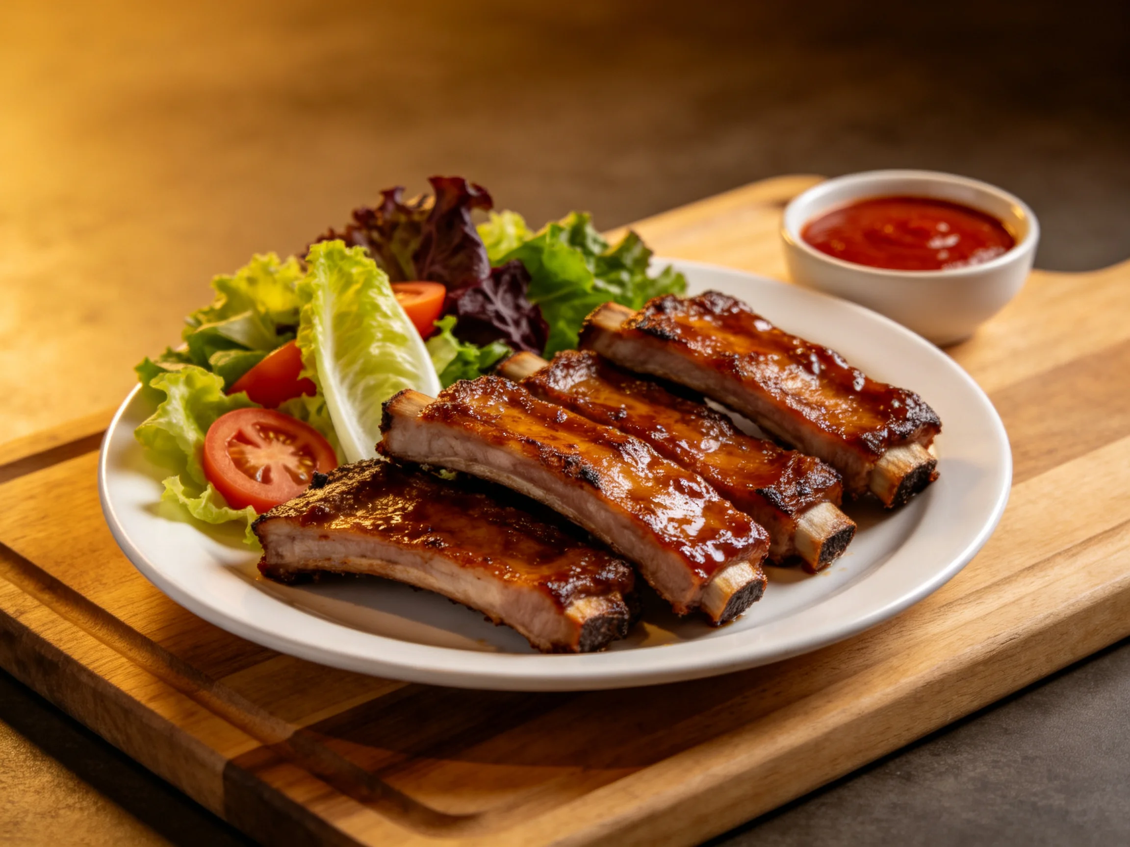 Glistening BBQ ribs served with fresh mixed greens and red sauce