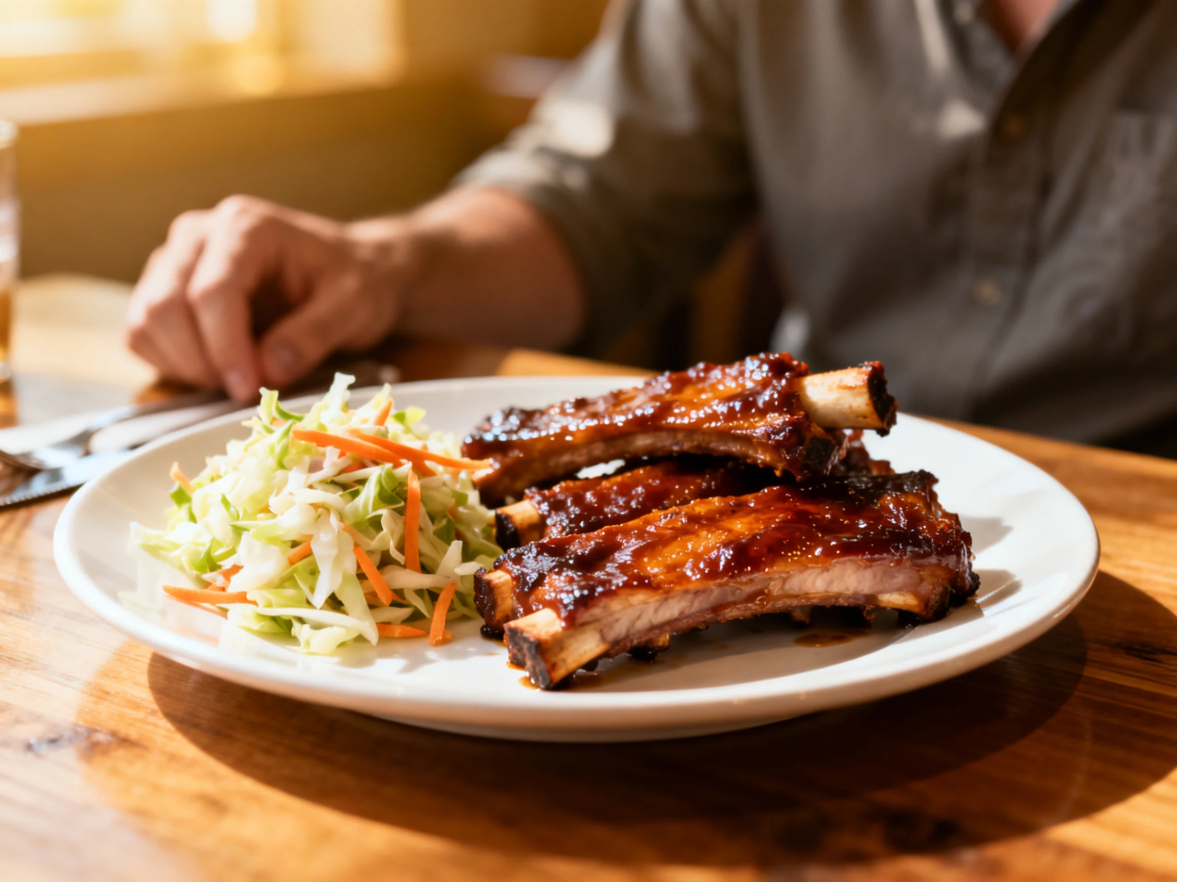 Glistening barbecued ribs served with fresh coleslaw on a white plate