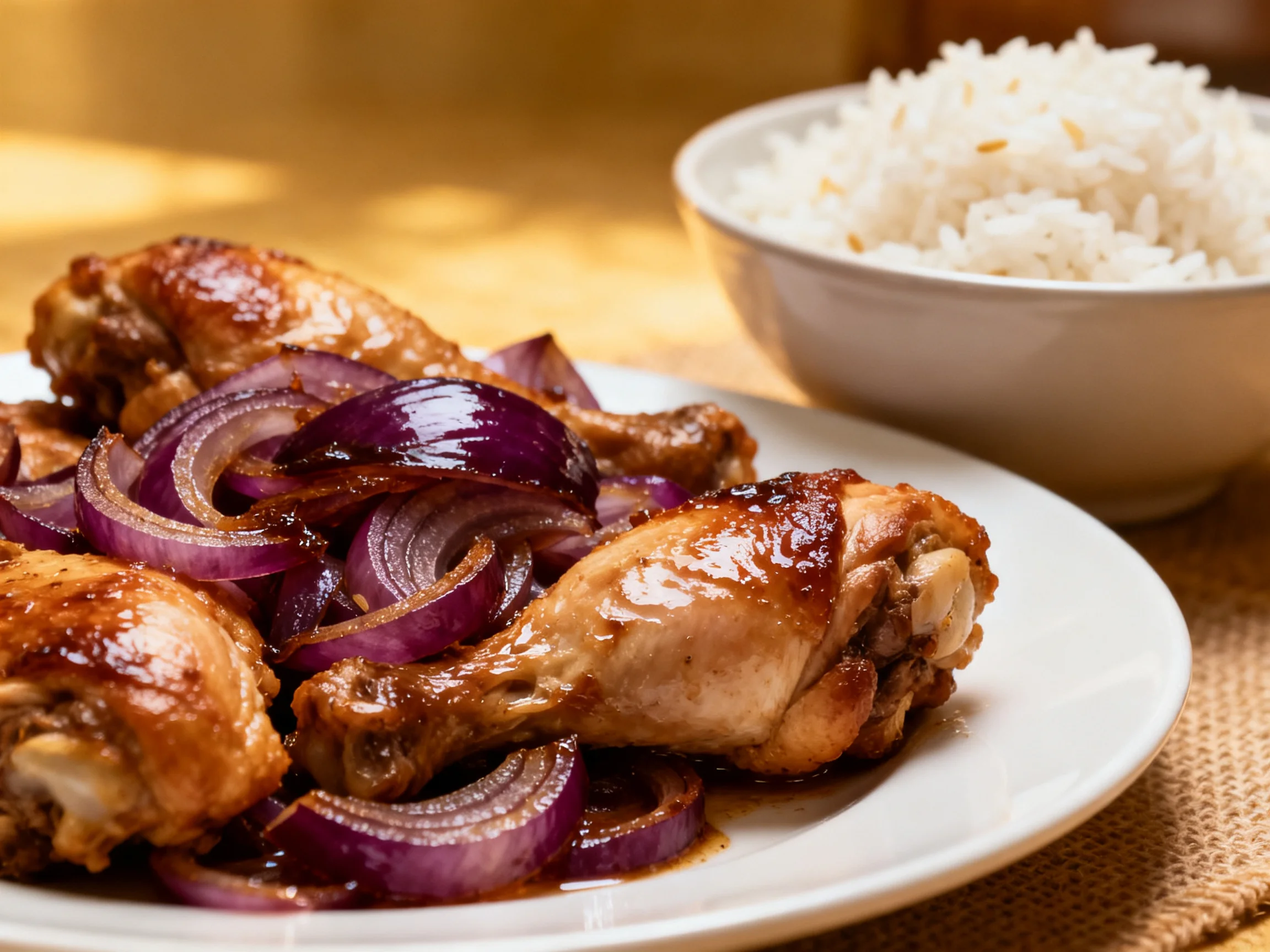 Glistening chicken drumsticks with caramelized red onions beside white rice