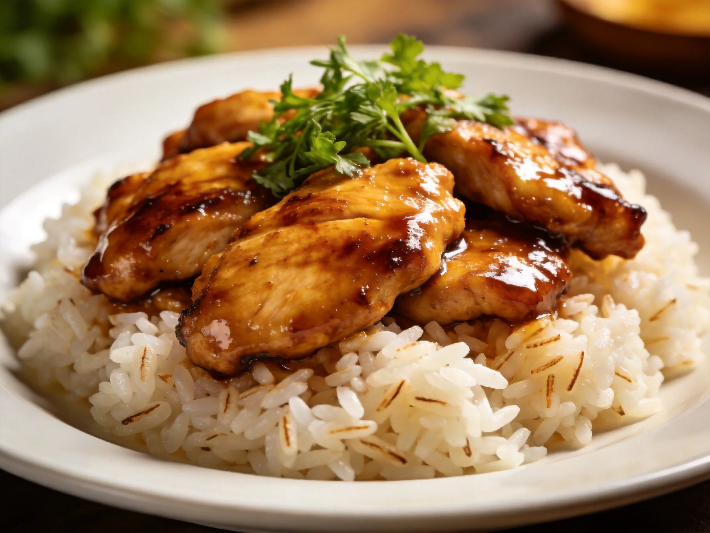 Glistening glazed chicken pieces atop seasoned white rice with fresh herbs