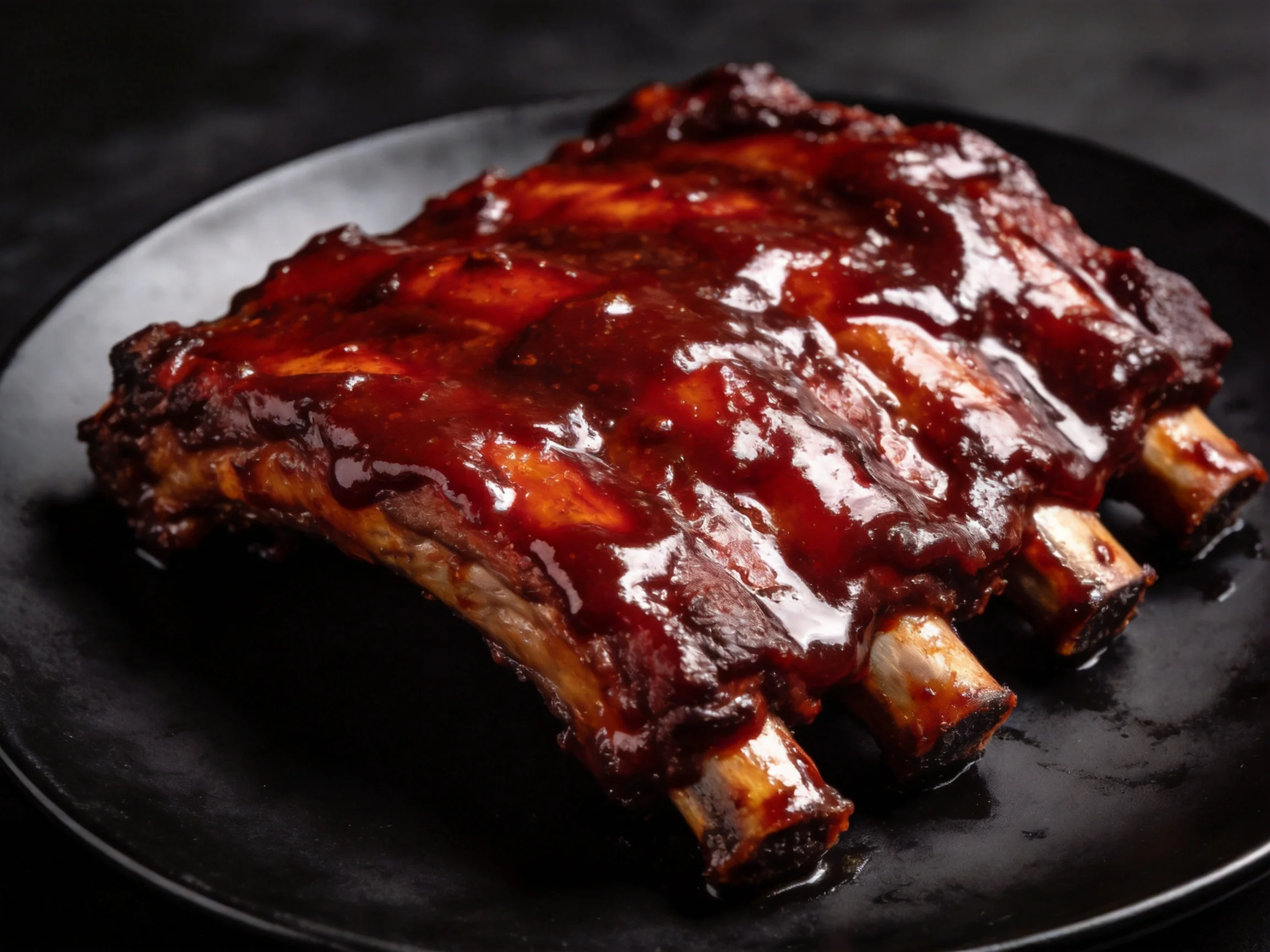 Glossy BBQ Ribs with Rich Dark Red Glaze on Black Plate