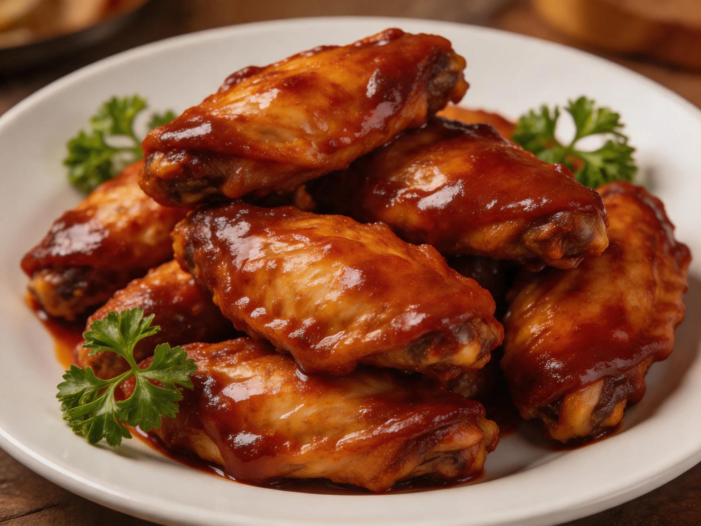 Glossy BBQ chicken wings stacked on a white plate with parsley