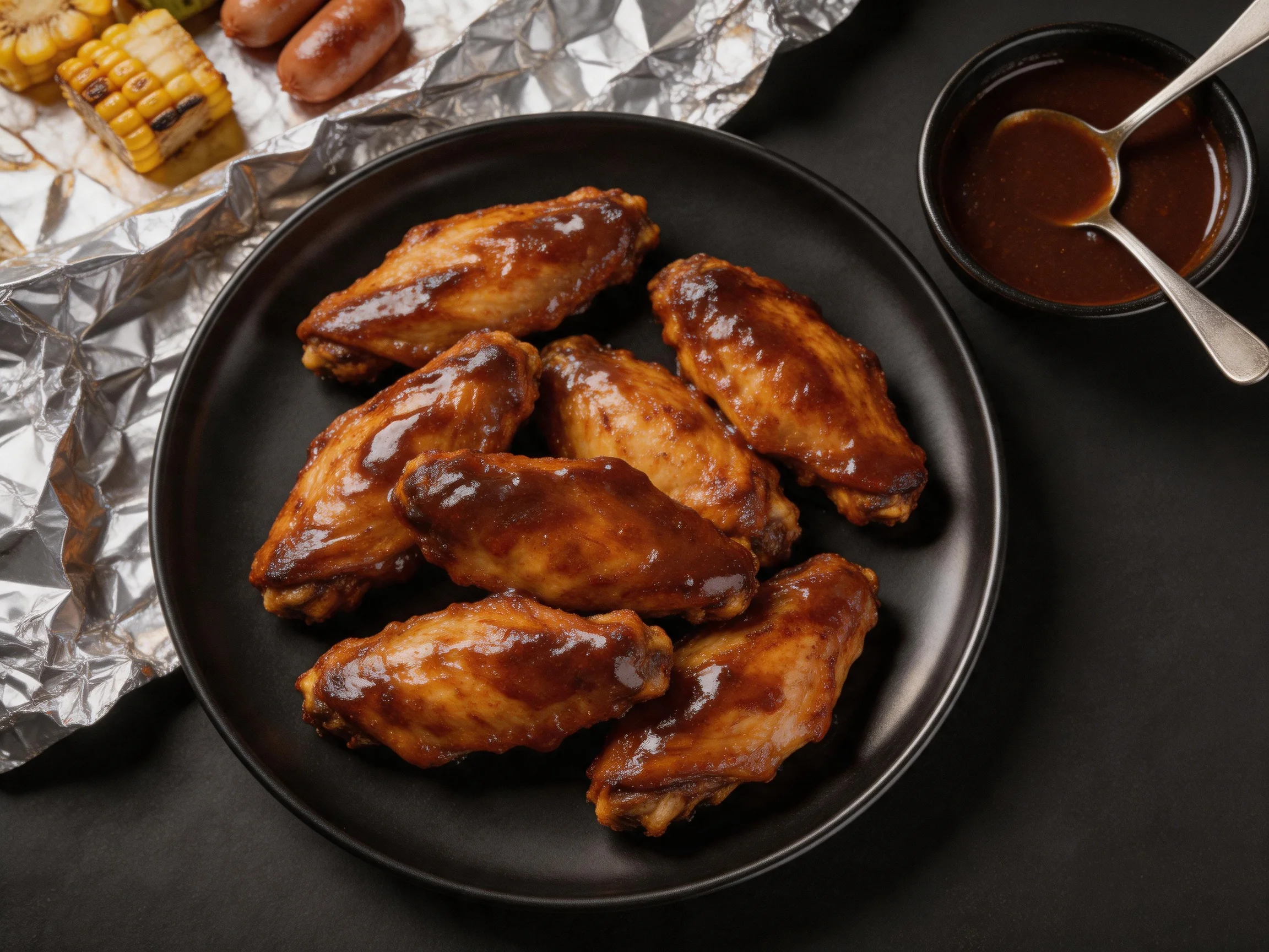 Glossy BBQ chicken wings with grilled corn and sauce