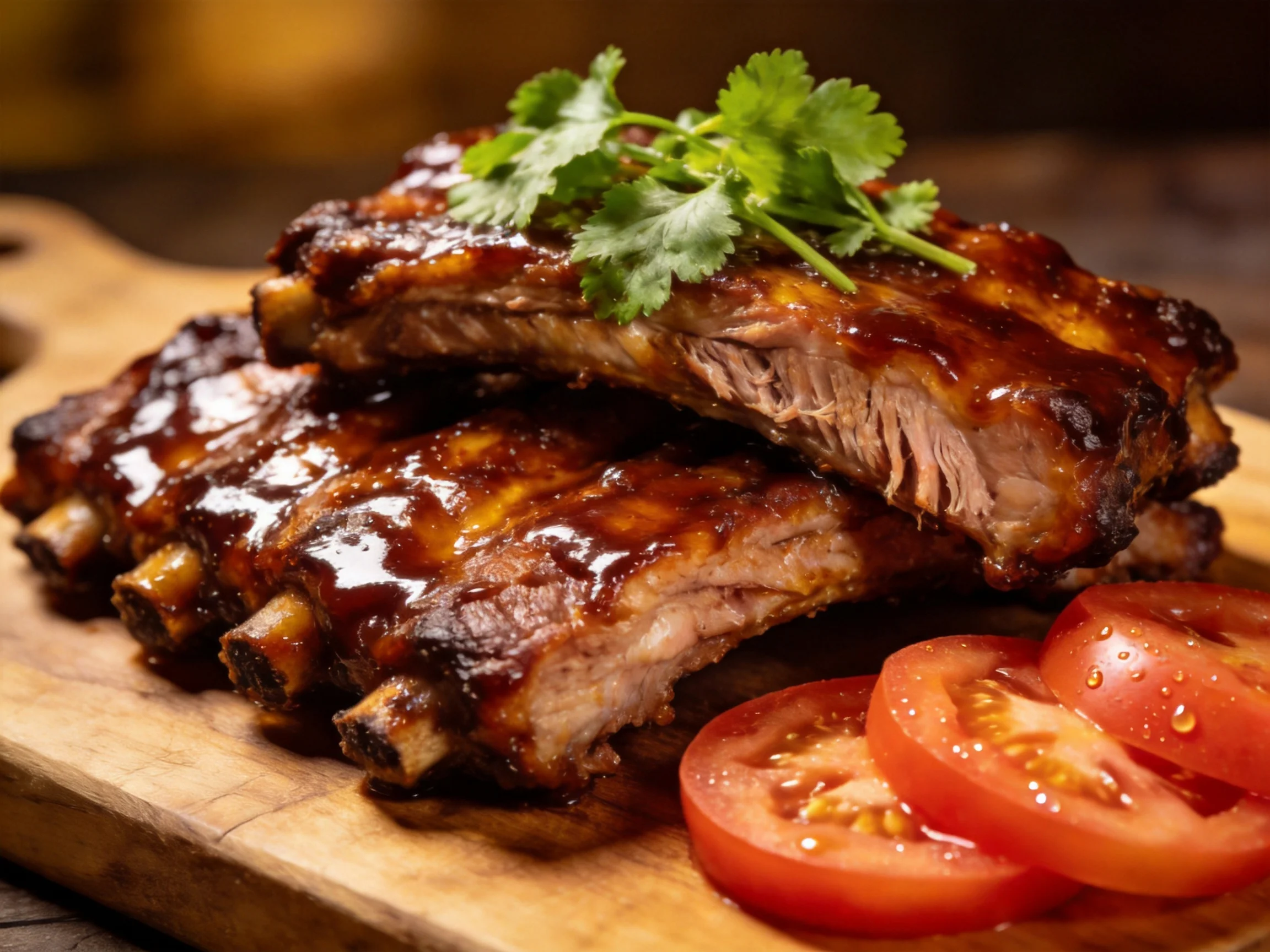Glossy BBQ ribs stacked with fresh tomatoes and cilantro on a wooden board