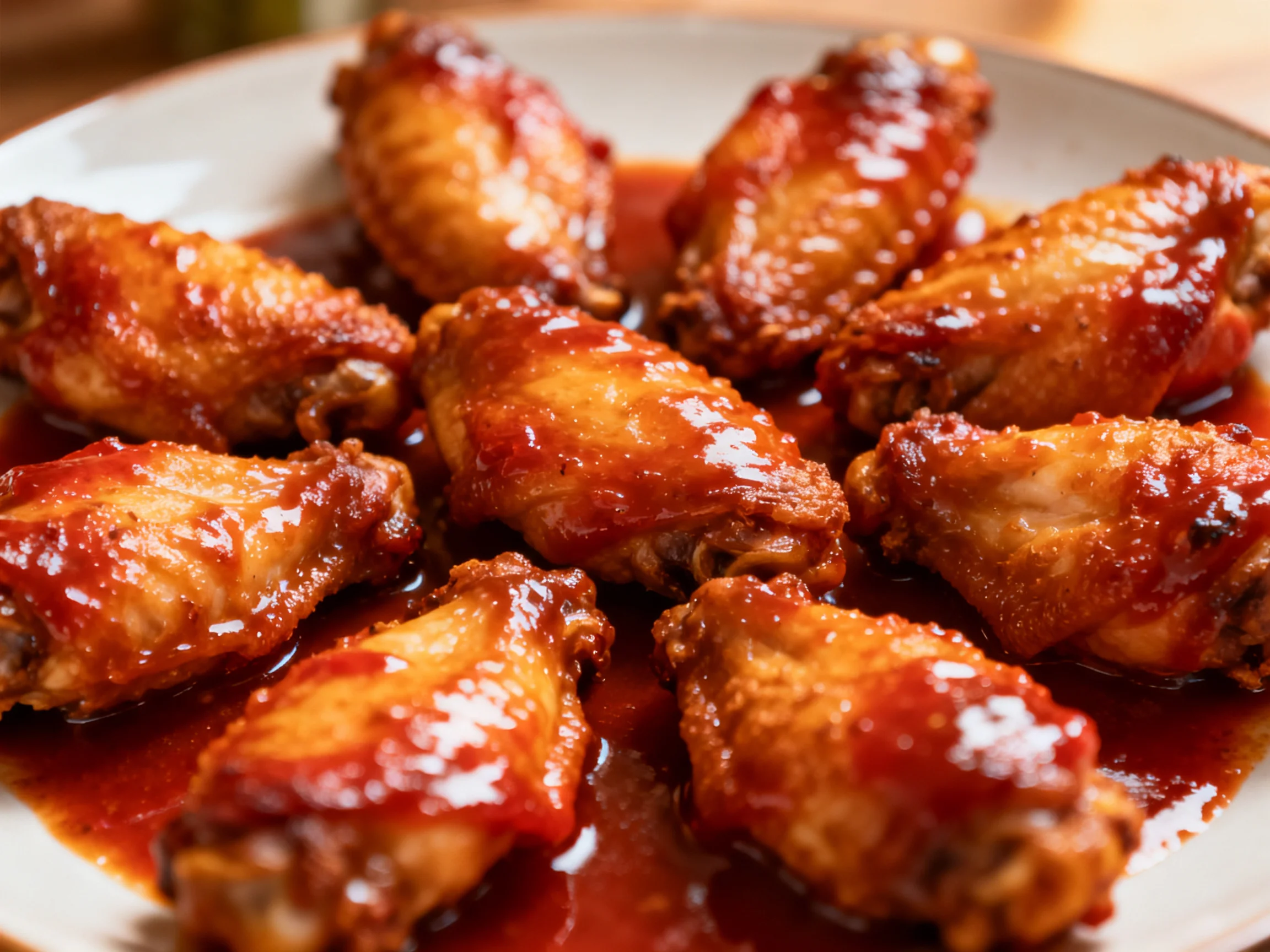 Glossy barbecue chicken wings arranged on a white plate