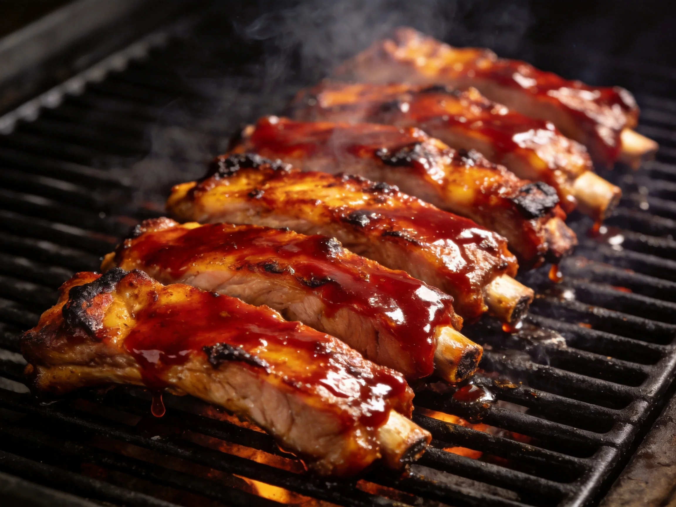 Glossy barbecue-glazed pork ribs grilling over open flames