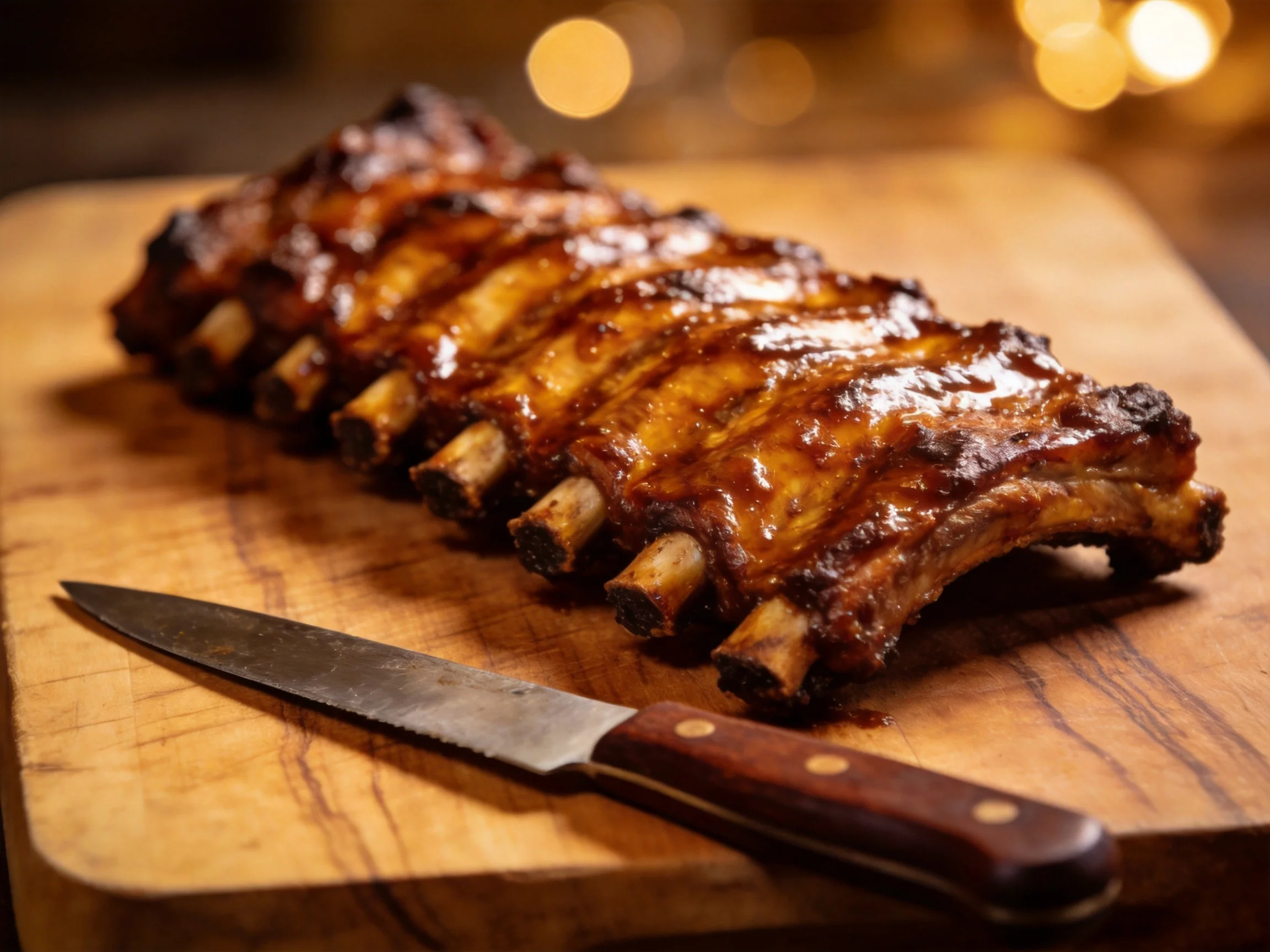 Glossy barbecued ribs on a wooden cutting board with a knife