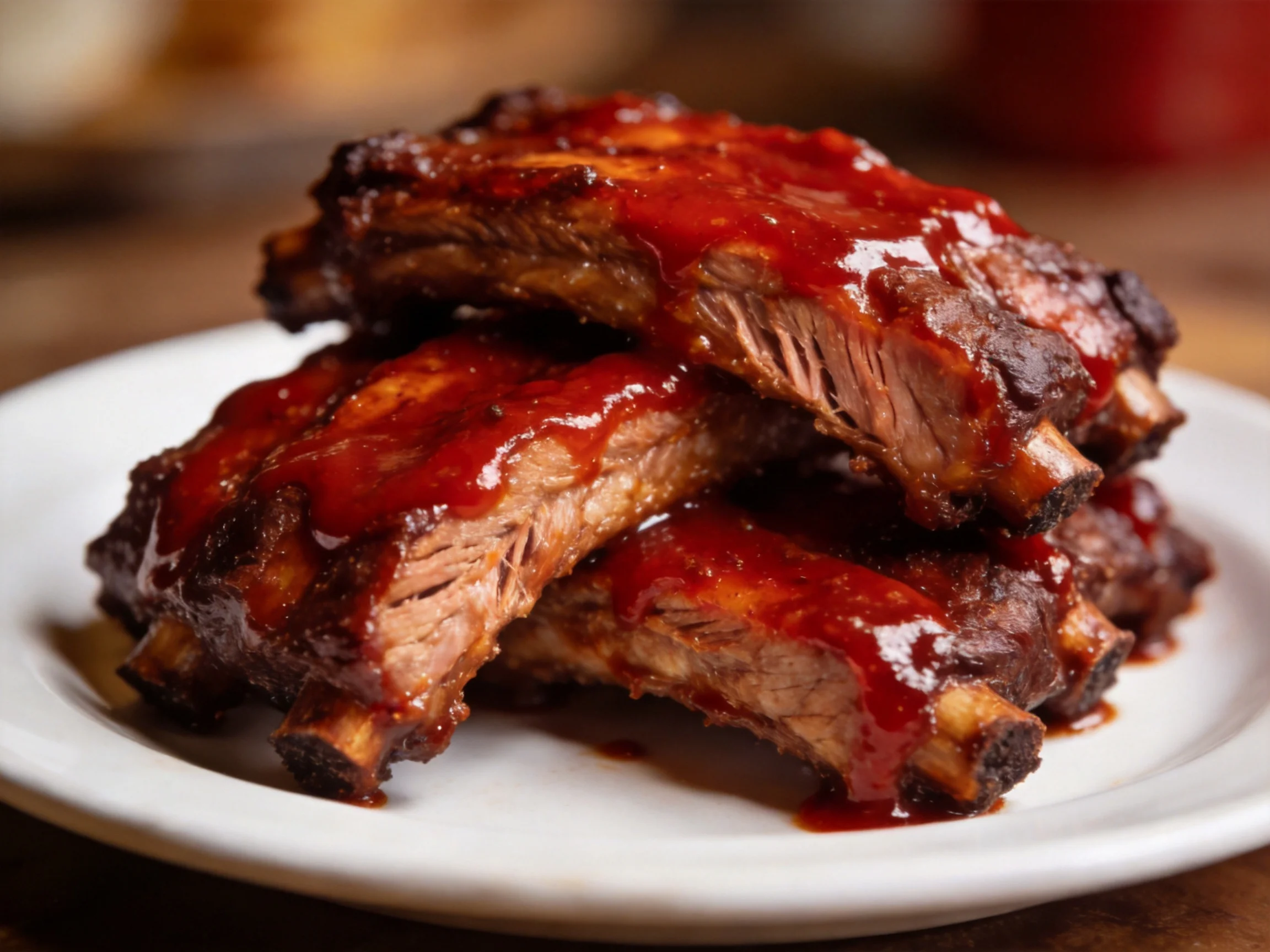 Glossy barbecued ribs stacked with vibrant sauce on a white plate