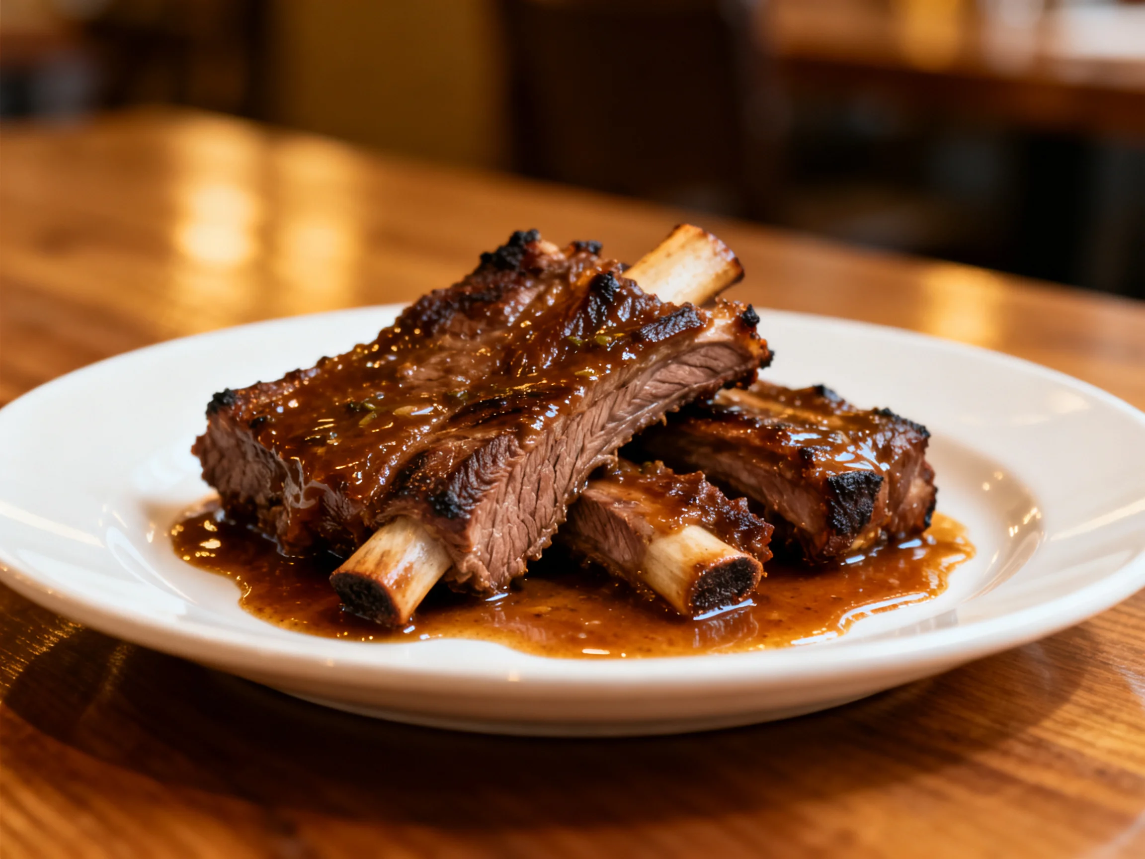 Glossy braised short ribs served on a white plate