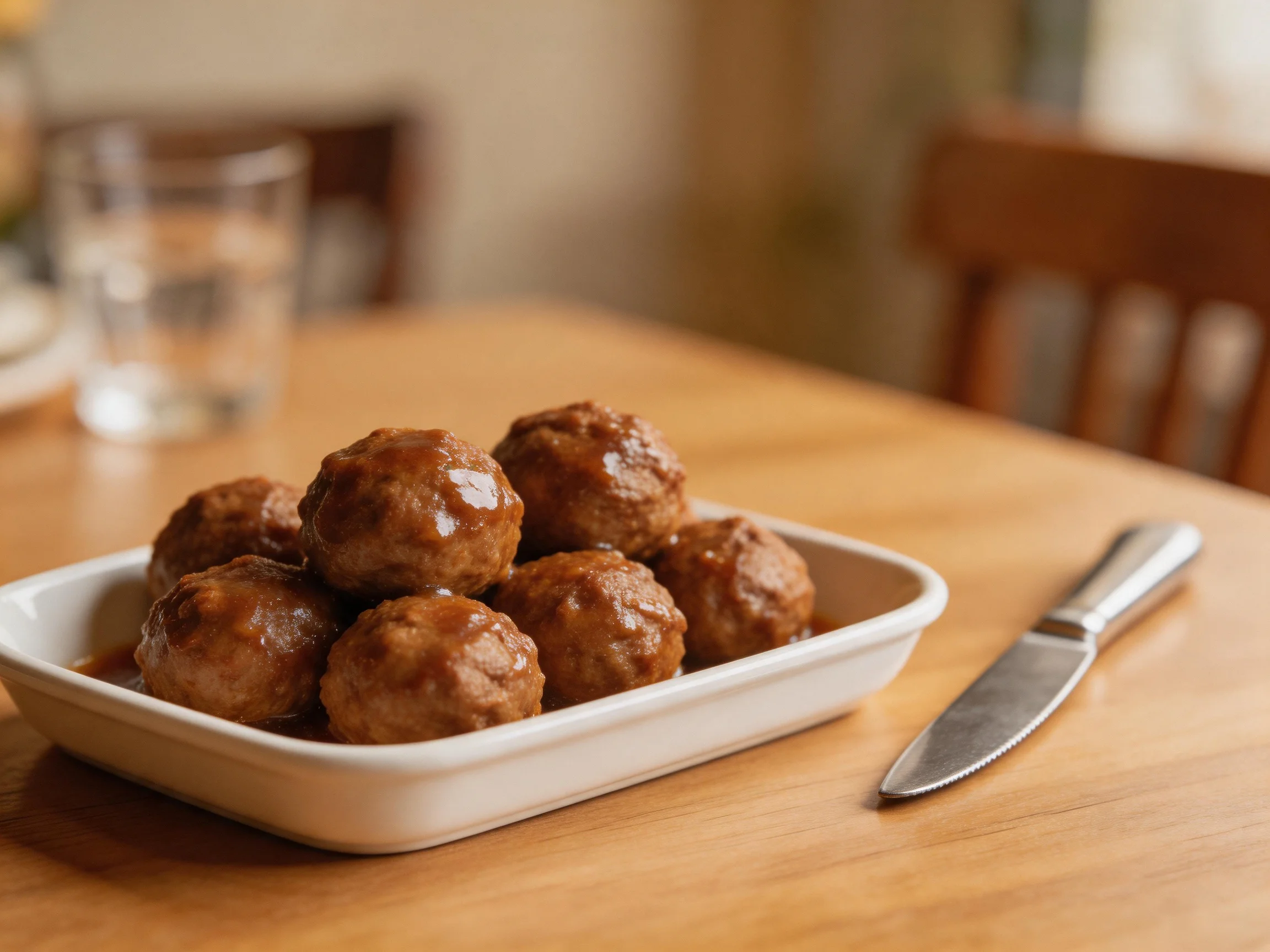 Glossy brown meatballs in a white rectangular dish on a wooden table