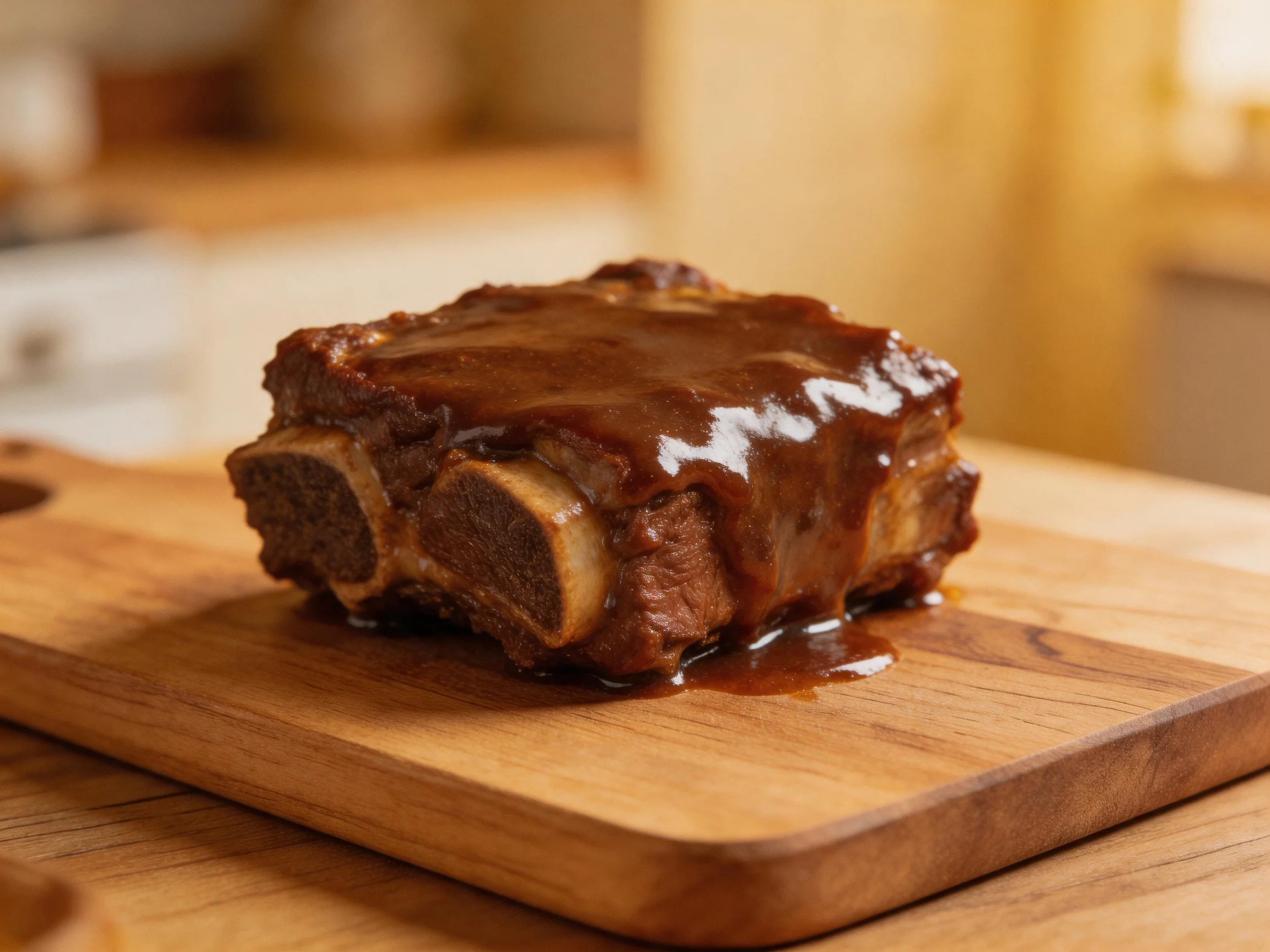Glossy brown sauce coats tender meat on a polished wooden cutting board