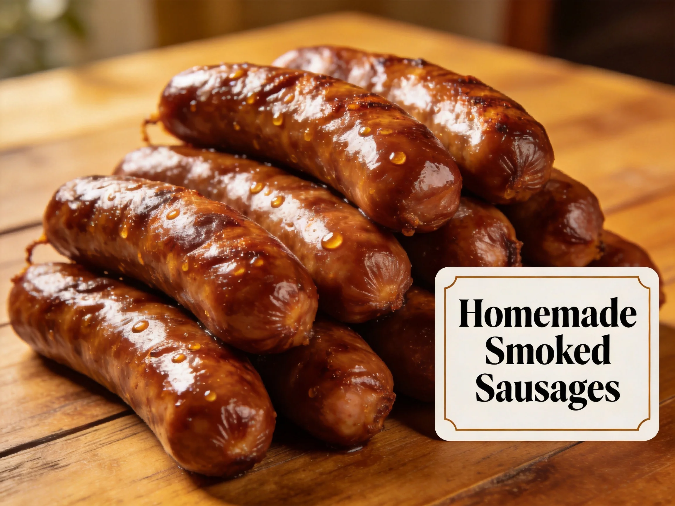 Glossy brown smoked sausages stacked on wooden surface