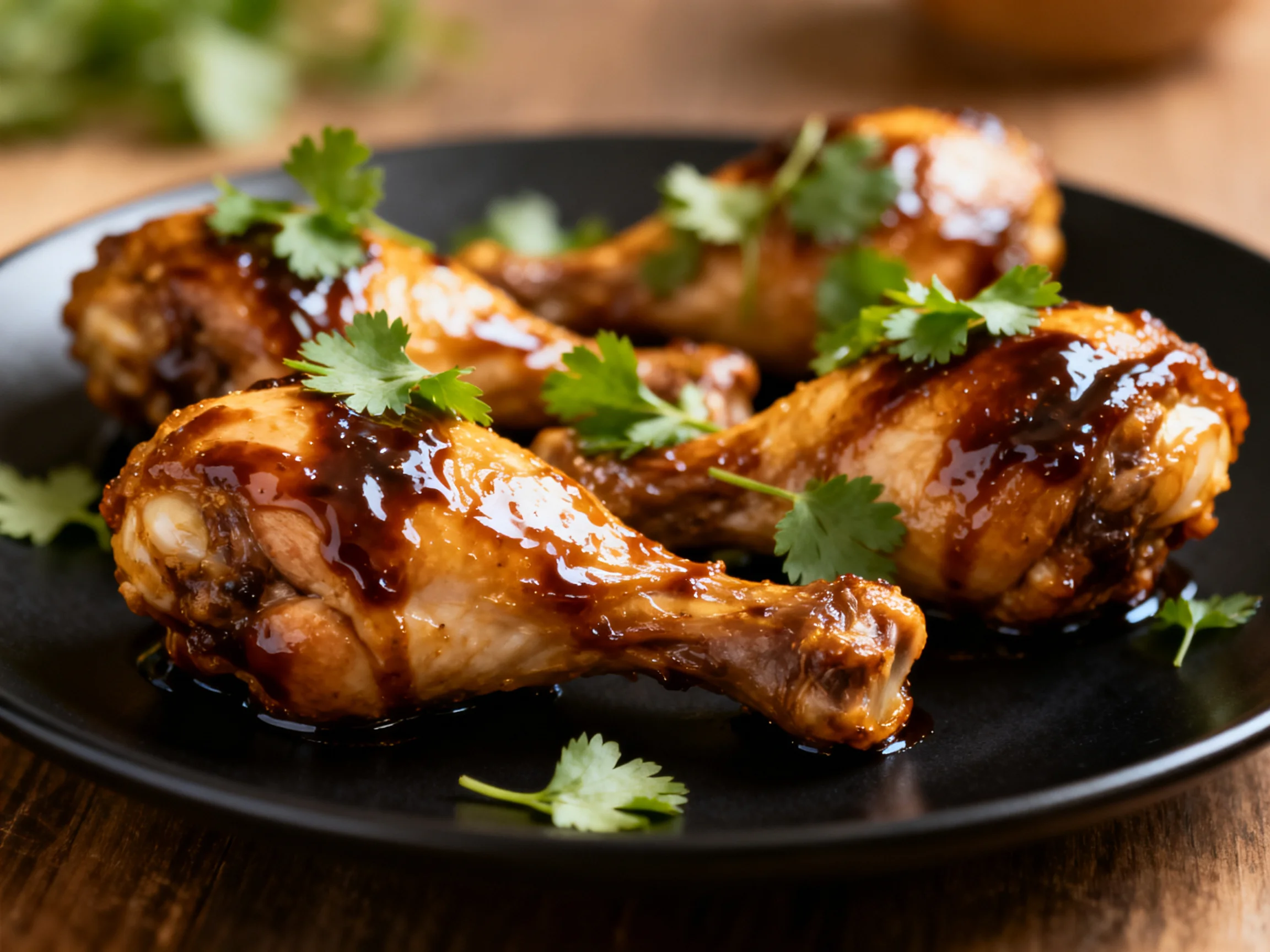Glossy chicken drumsticks drizzled with dark sauce, garnished with cilantro