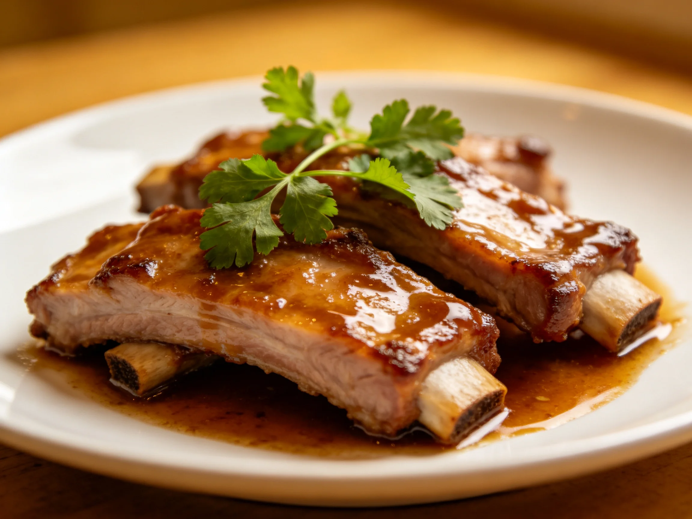 Glossy glazed ribs with fresh cilantro on a white plate