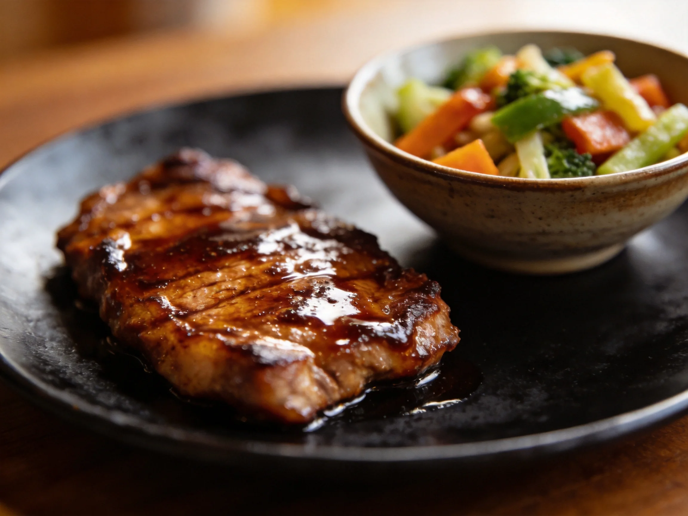 Glossy glazed steak served with a mixed vegetable bowl