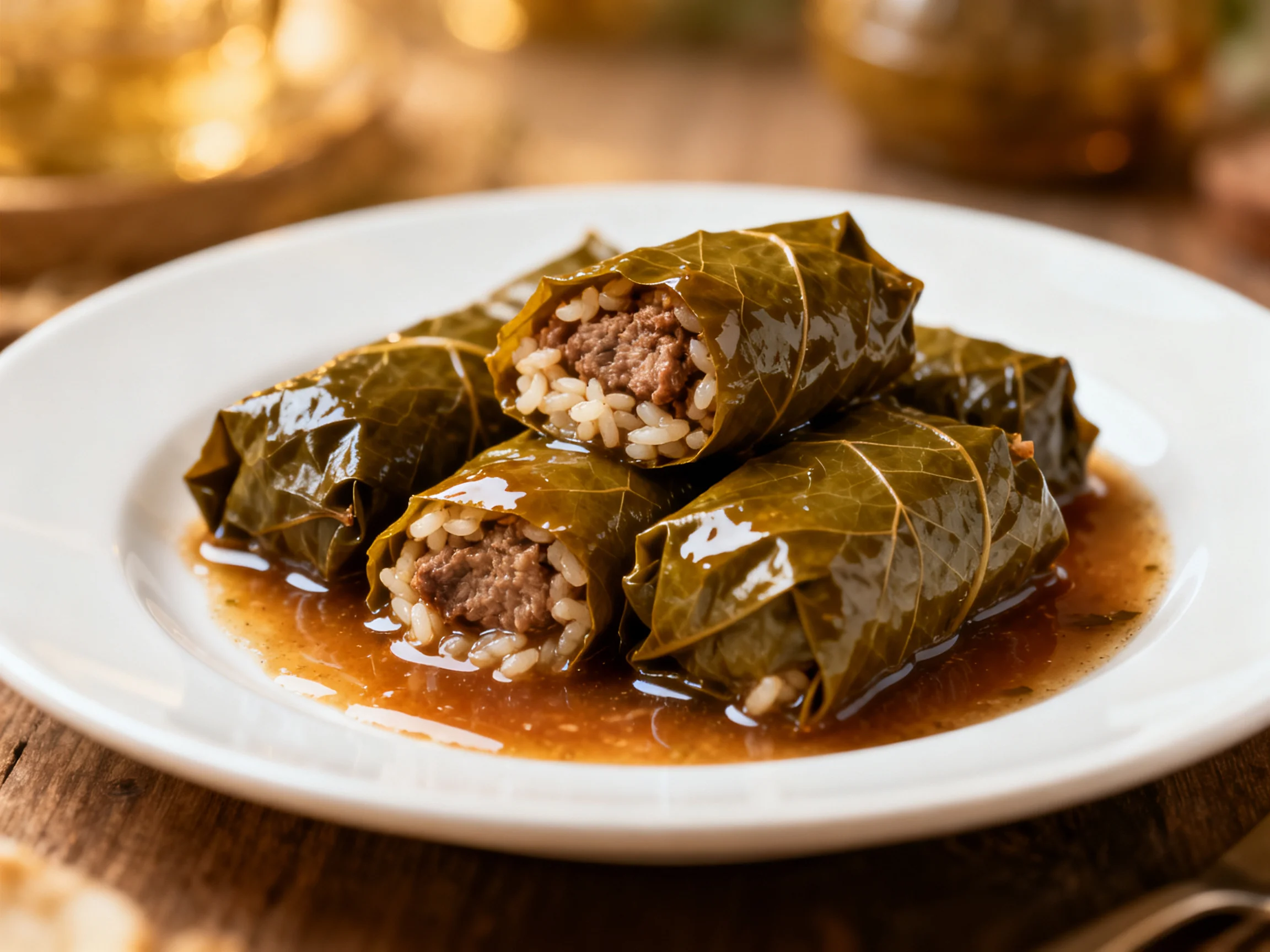 Glossy grape leaf rolls with savory meat and rice filling