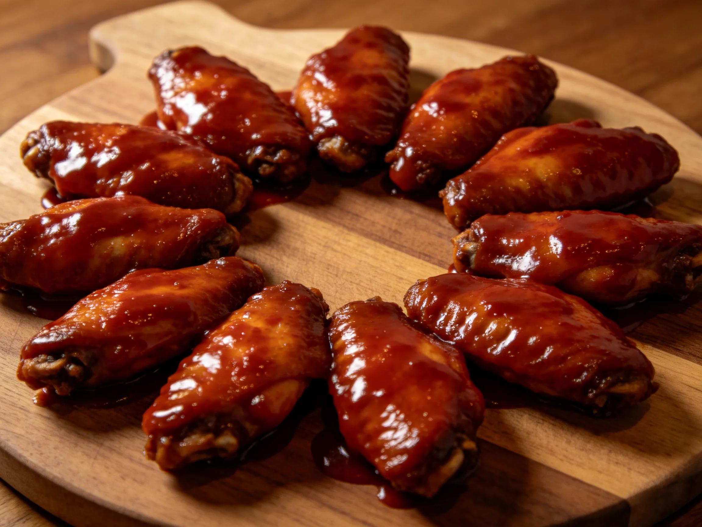 Glossy red BBQ chicken wings arranged in a circle on a wooden serving board