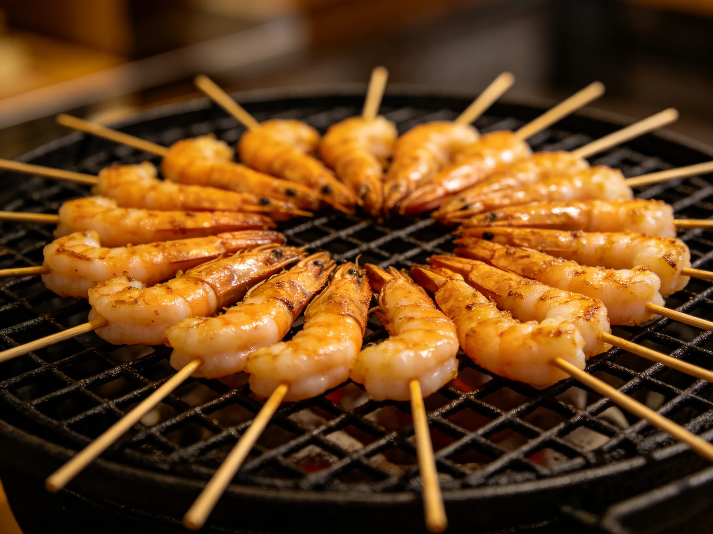 Golden Skewered Shrimp Grilled in a Circular Pattern