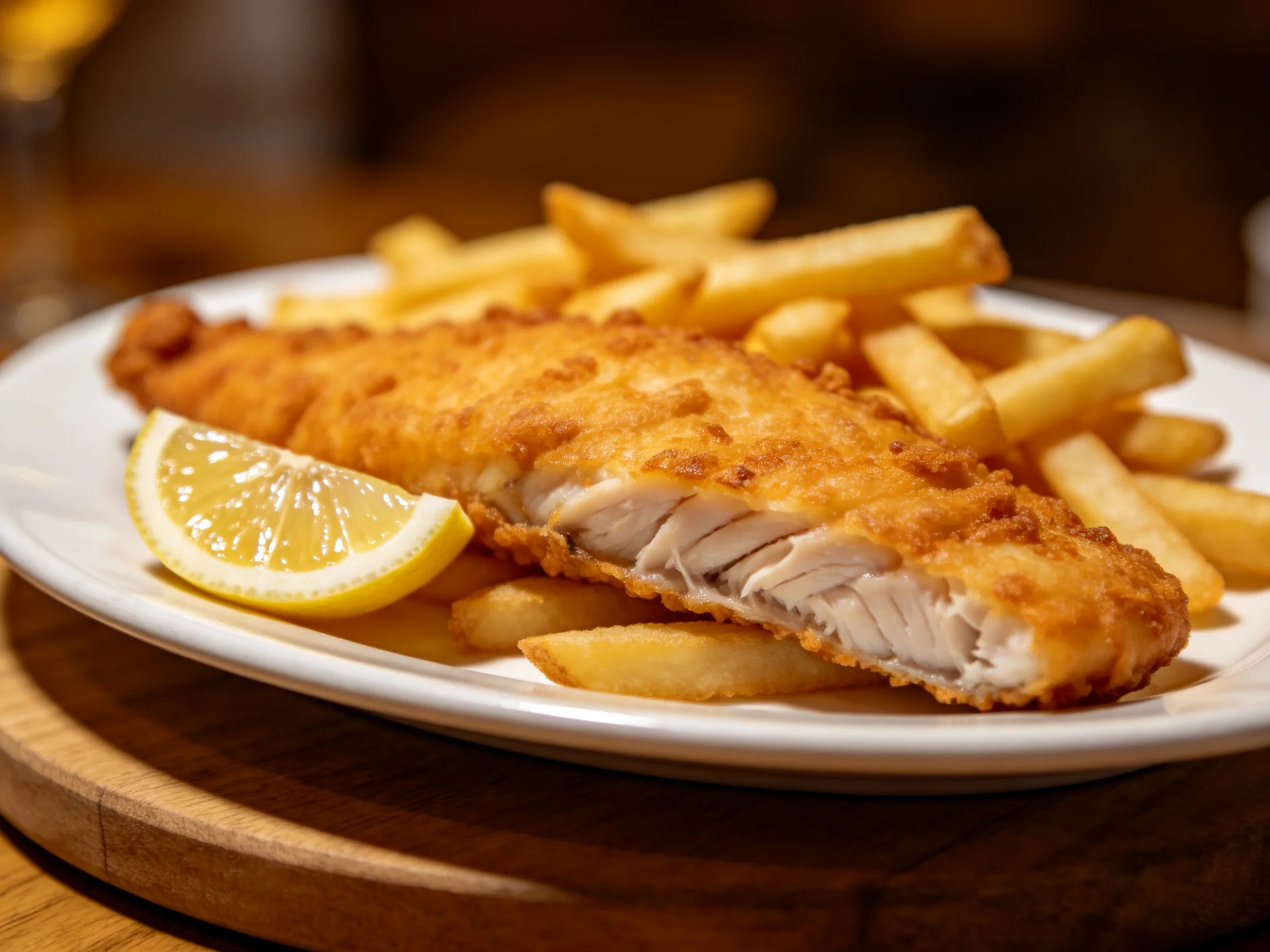 Golden-battered fish fillet with thick-cut fries and lemon wedge