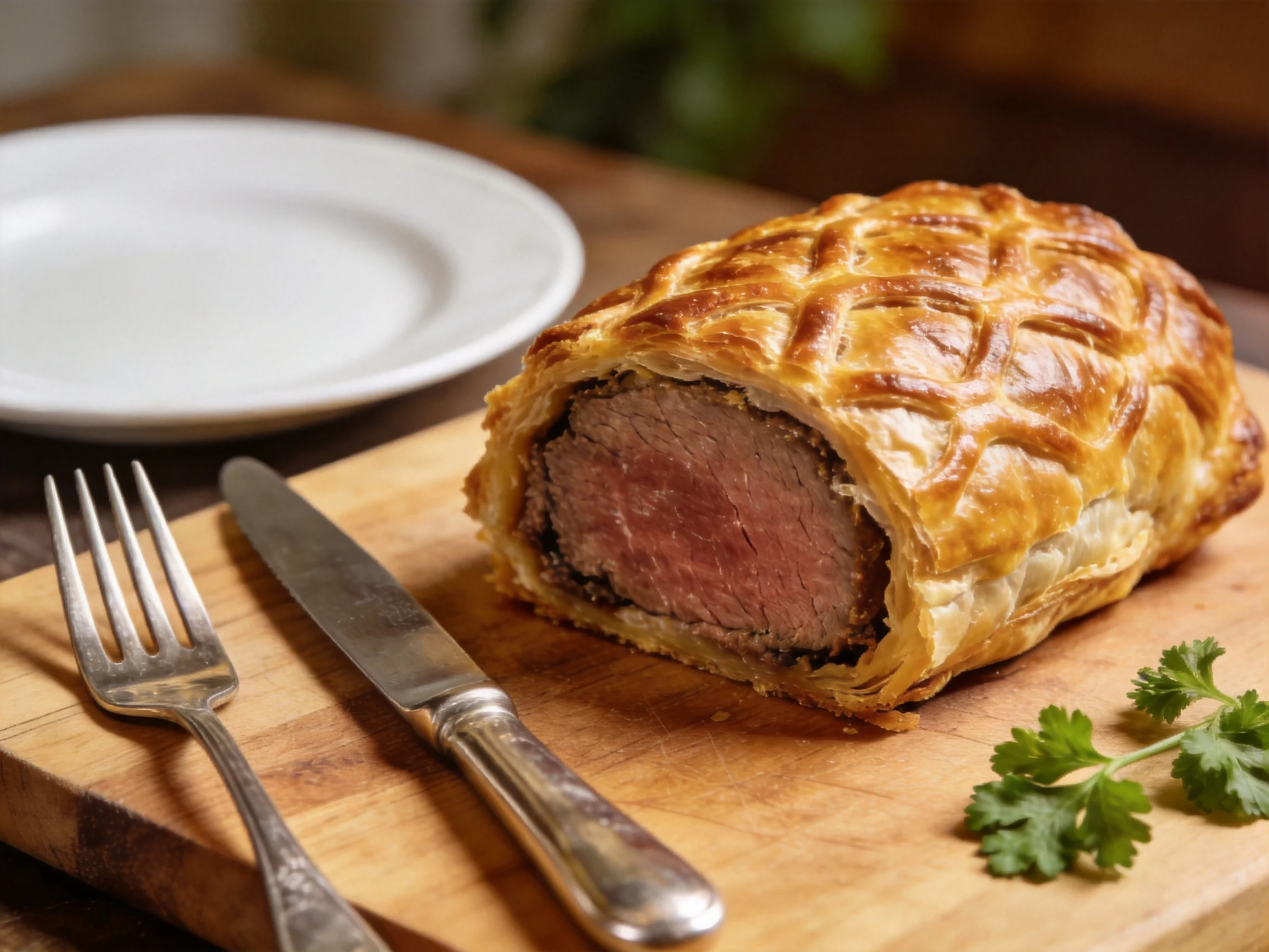 Golden-brown Beef Wellington on a Wooden Cutting Board