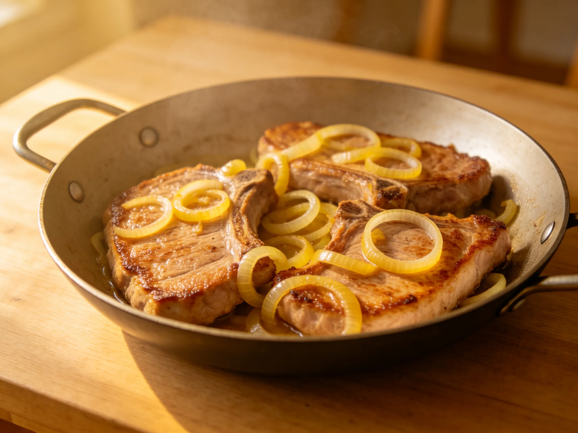 Golden-brown Pork Chops with Caramelized Onions in a Skillet