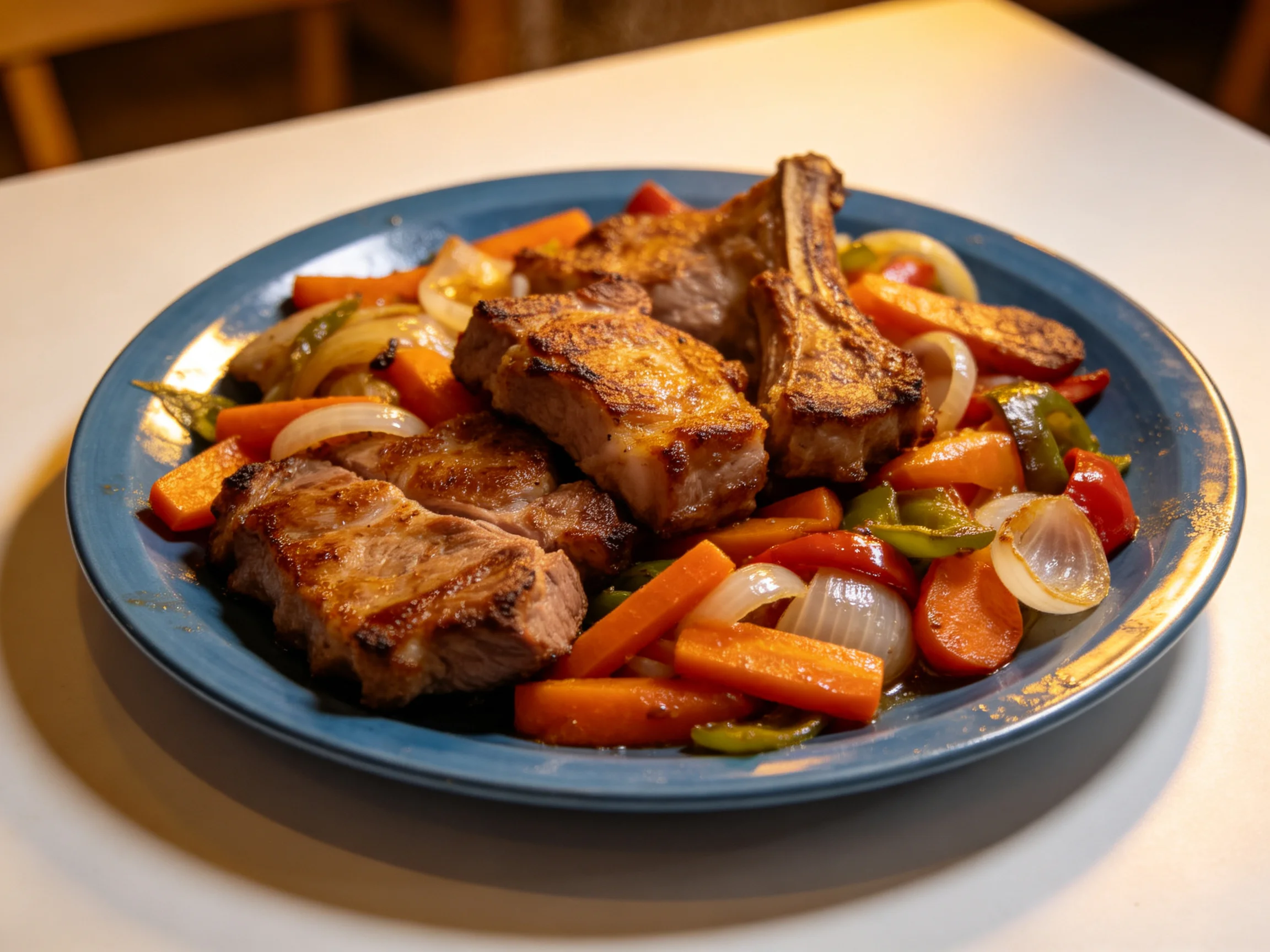 Golden-brown Pork Chops with Roasted Vegetables on a Blue Plate
