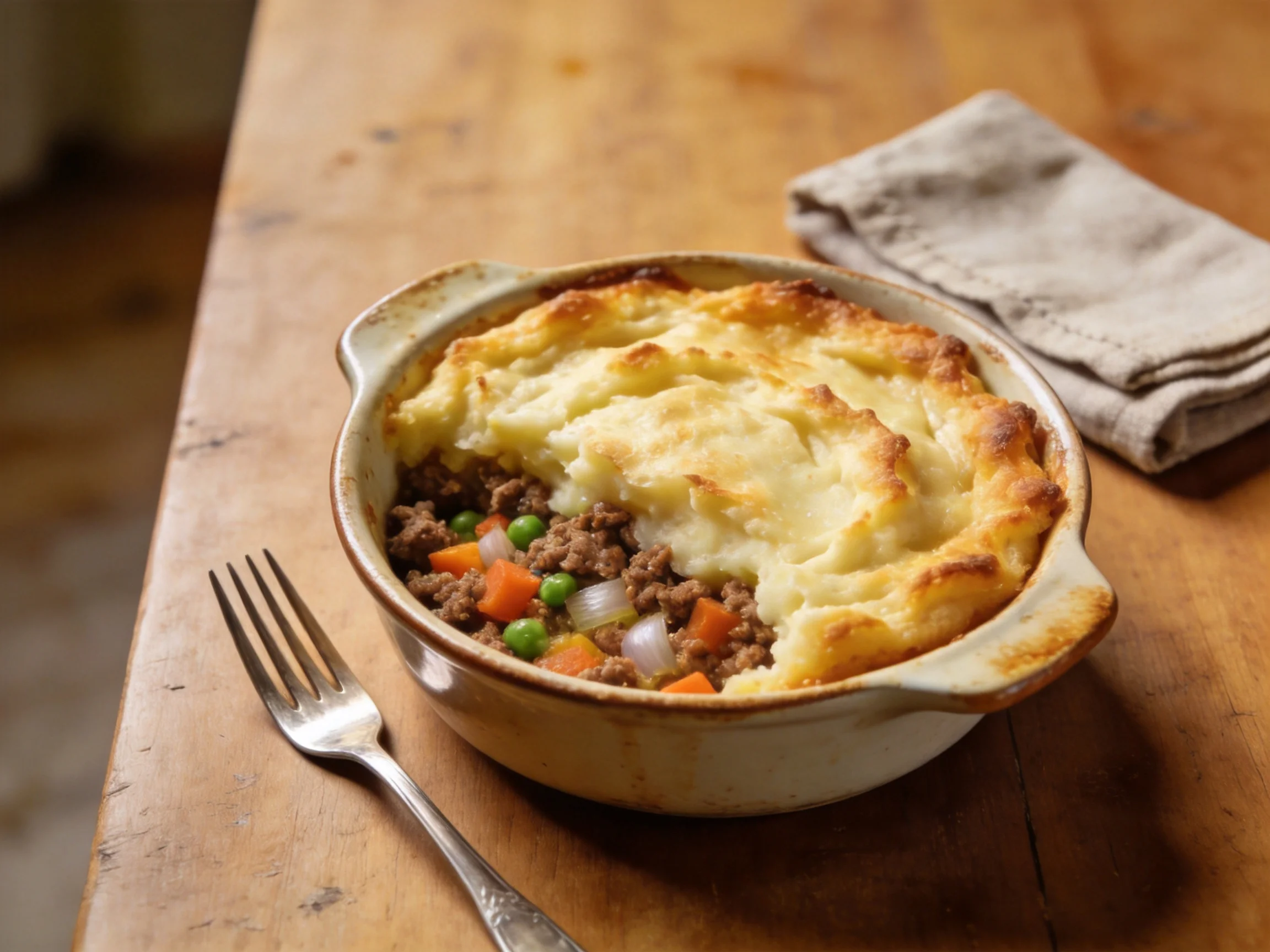 Golden-brown Shepherd’s Pie in Ceramic Baking Dish