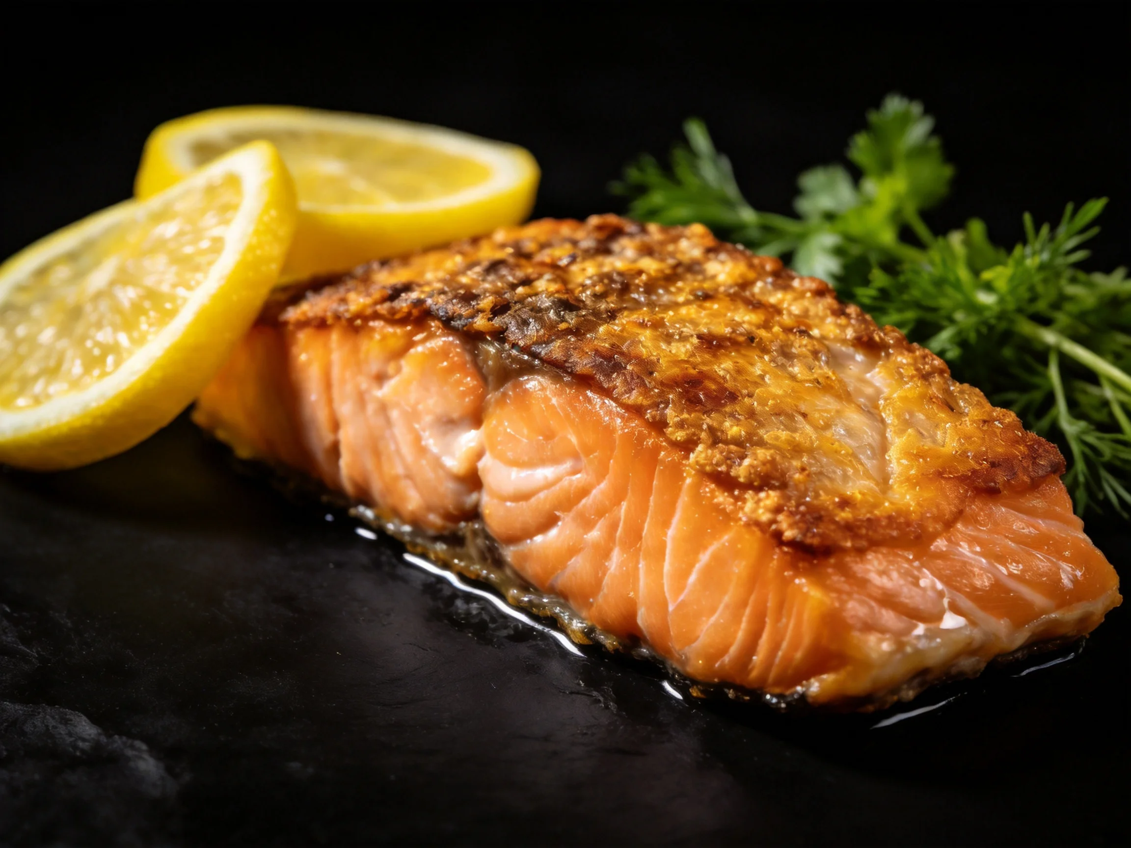 Golden-brown baked salmon fillet with bright yellow lemons and fresh green herbs