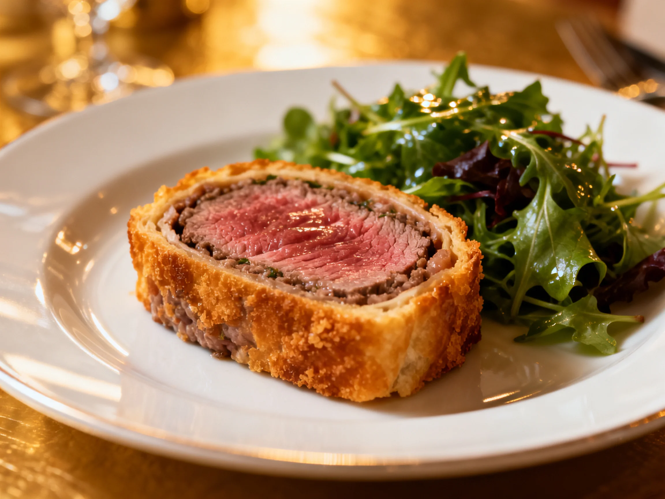 Golden-brown beef wellington with fresh green salad on a white plate