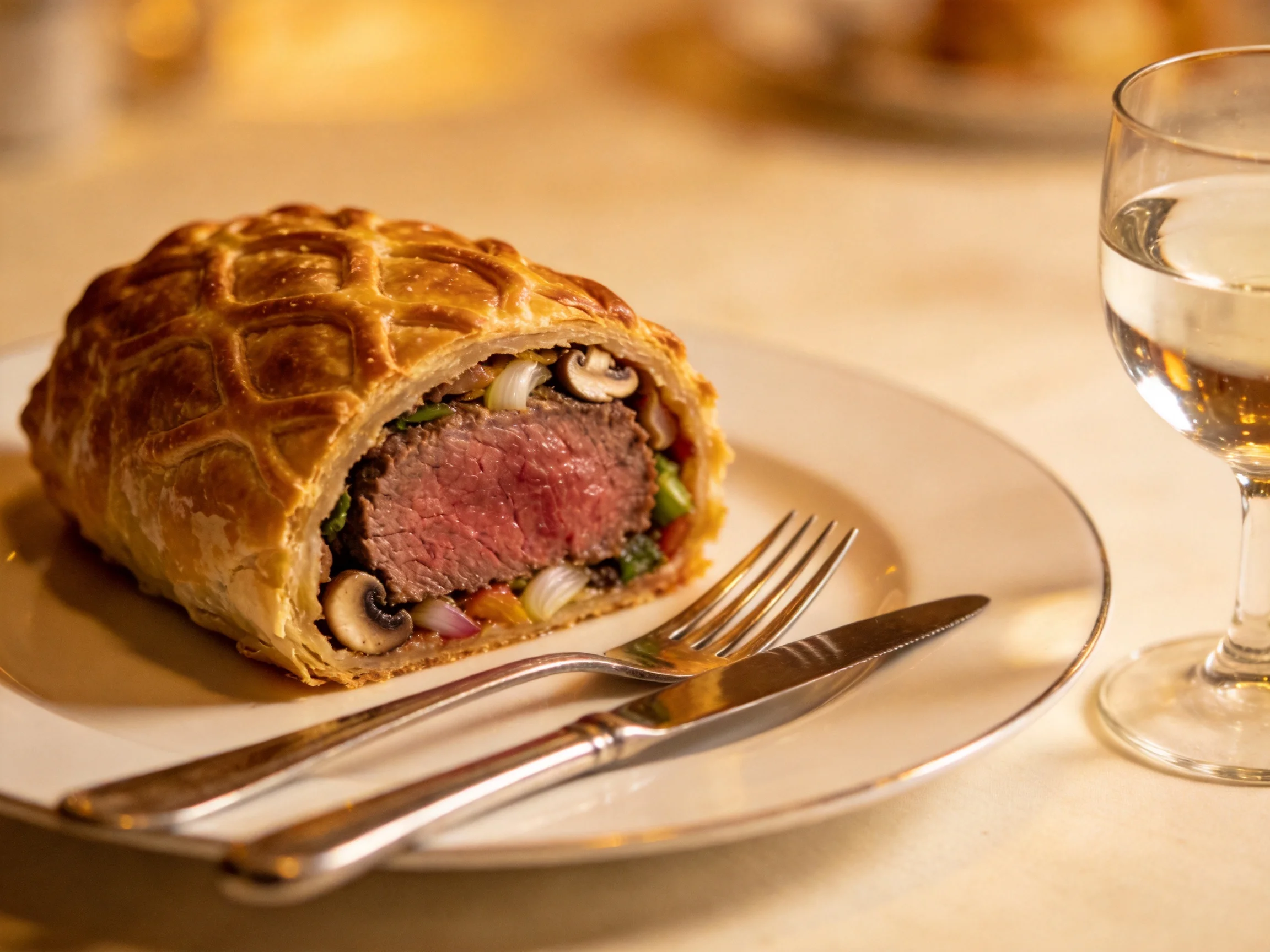 Golden-brown beef wellington with vegetable filling on a plate