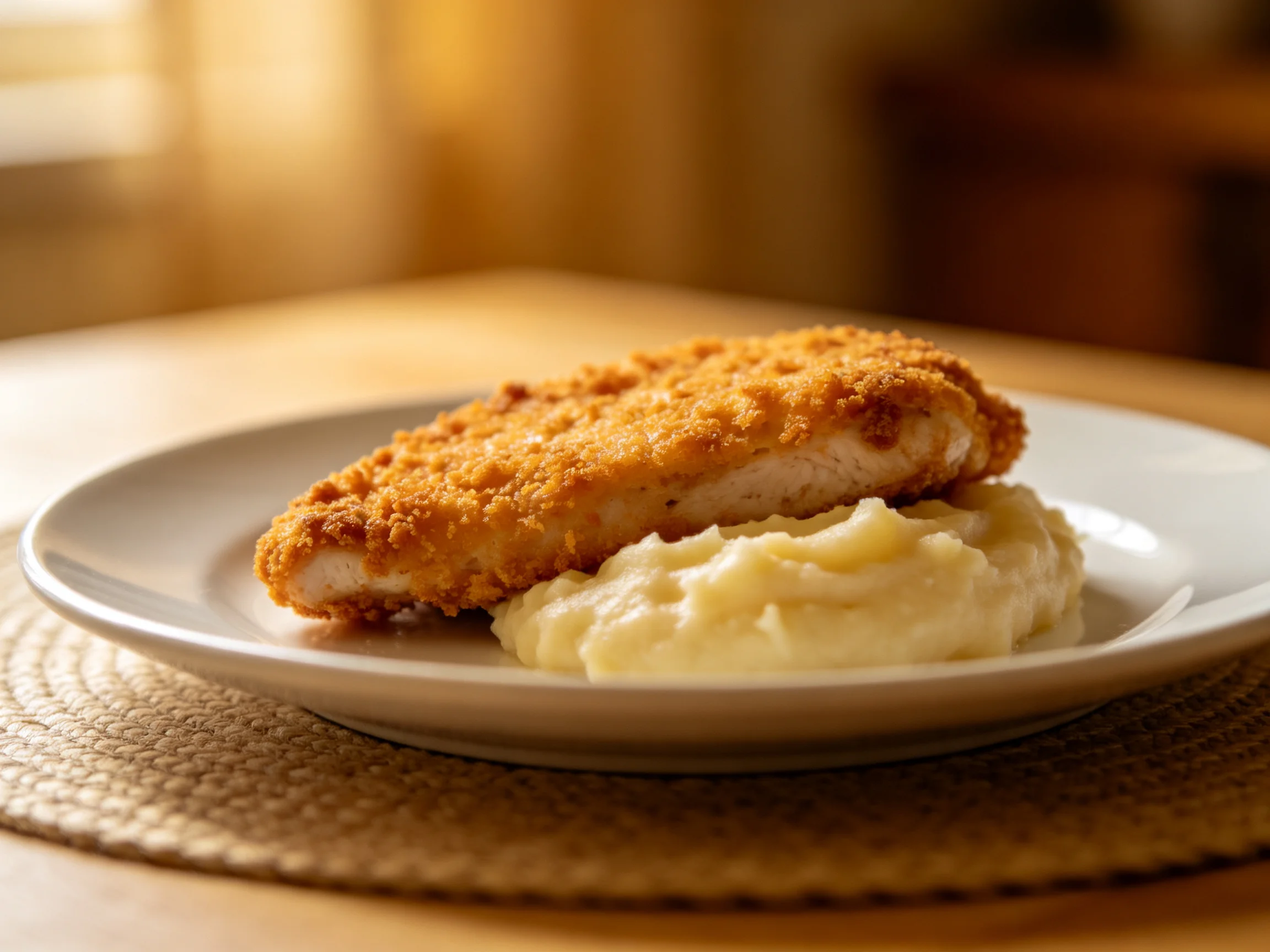 Golden-brown breaded chicken cutlet served with creamy mashed potatoes
